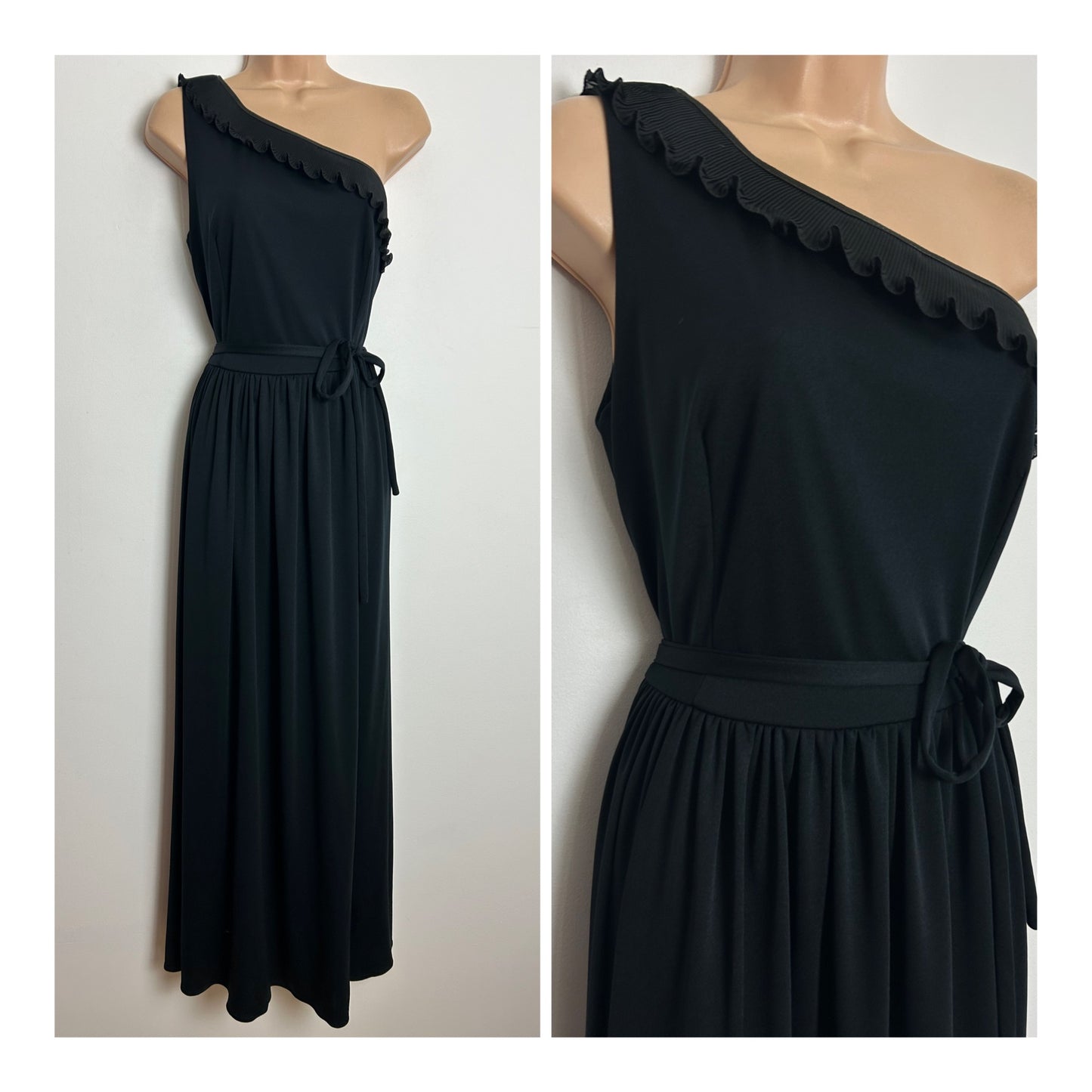 Vintage 1970s Size 10 Black Plisse Pleat Ruffle Collar Detail One Shoulder Belted Occasion Maxi Dress