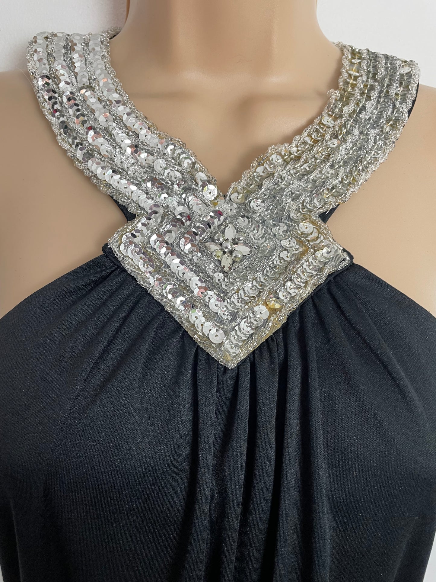 Vintage 1970s UK Size 10 Black Silver Sequin Halterneck Cage Back Evening Maxi Dress