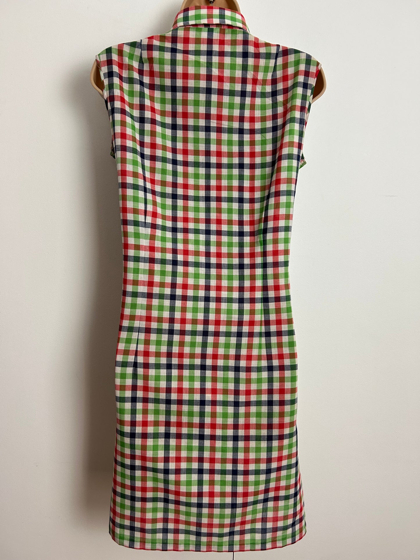 Vintage 1970s Size 12 White Green Red & Blue Check Print Cotton Mix Sleeveless Mod Shift Dress