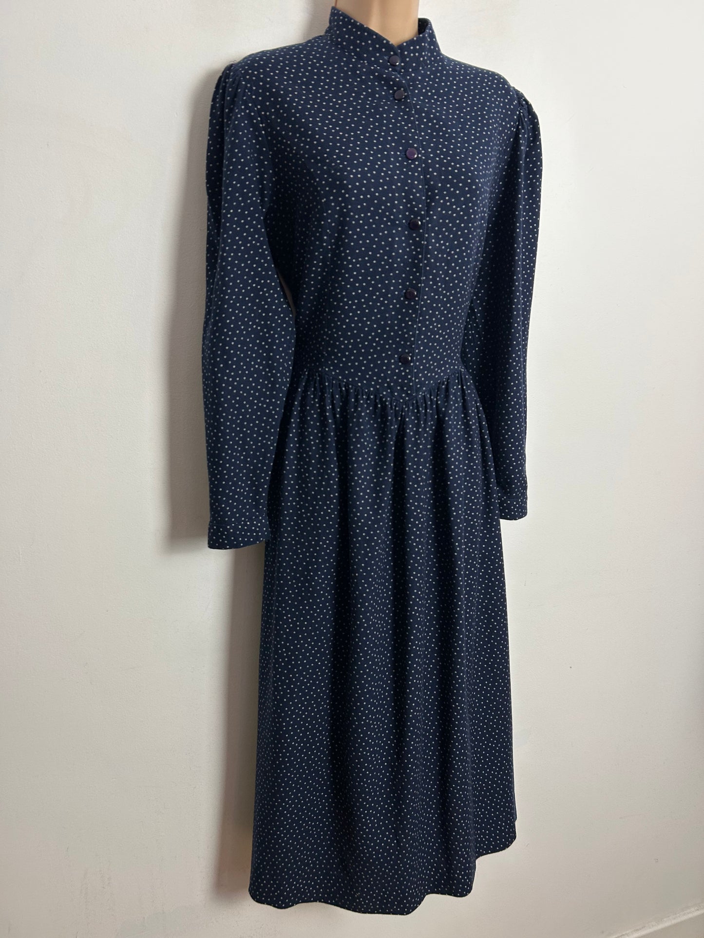 Vintage 1980s LAURA ASHLEY UK Size 10-12 (Size 14 On Label) Navy Blue Polka Dot Print Cotton Long Sleeve Day Dress