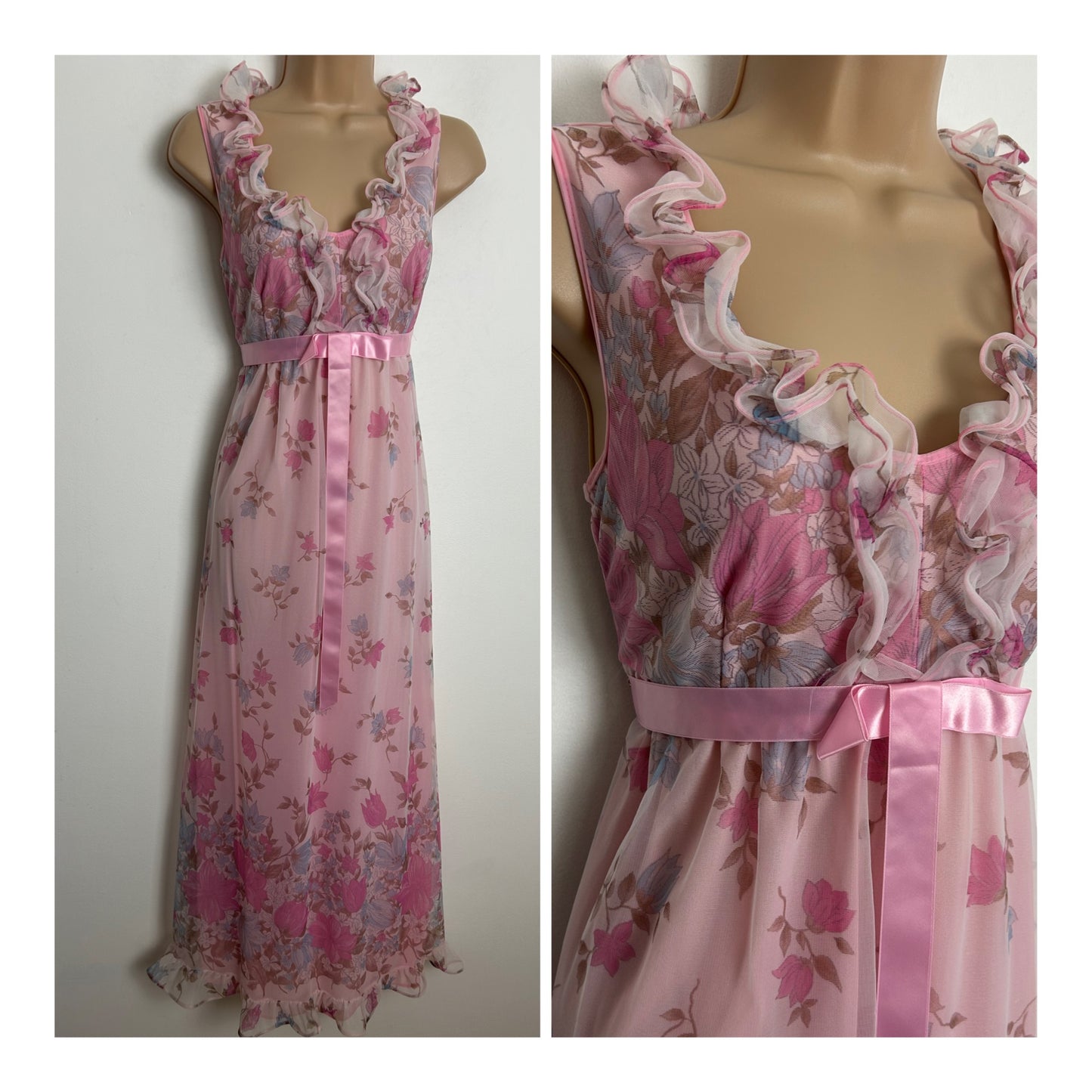 Vintage 1970s Size 10 Pink Tones Floral Print Ruffle Trim Bow Detail Nylon Nightdress Or Maxi Dress