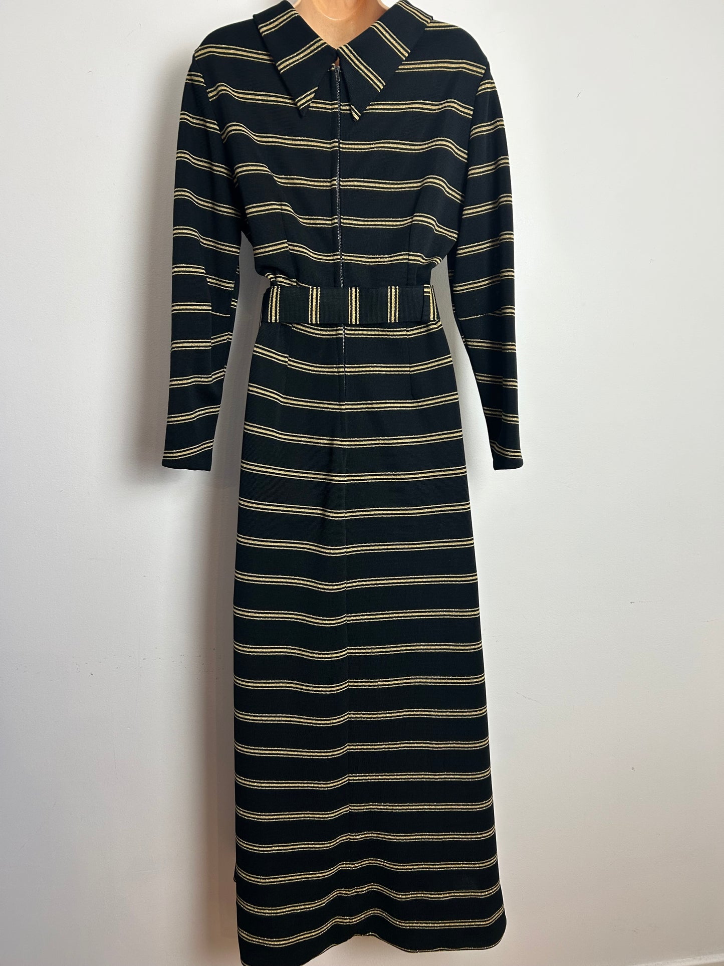 Vintage 1970s Size 14 Black & Metallic Gold Stripe Print Belted Evening Maxi Dress