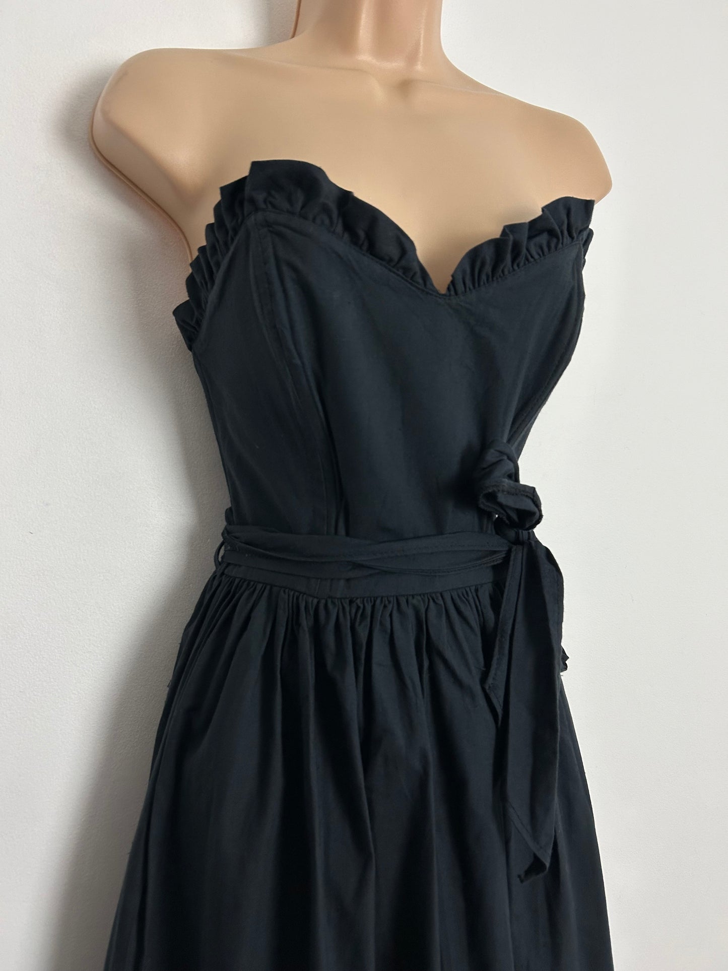 Vintage 1980s DOROTHY PERKINS UK Size 8 Black 100% Cotton Strapless Belted Party Prom Dress