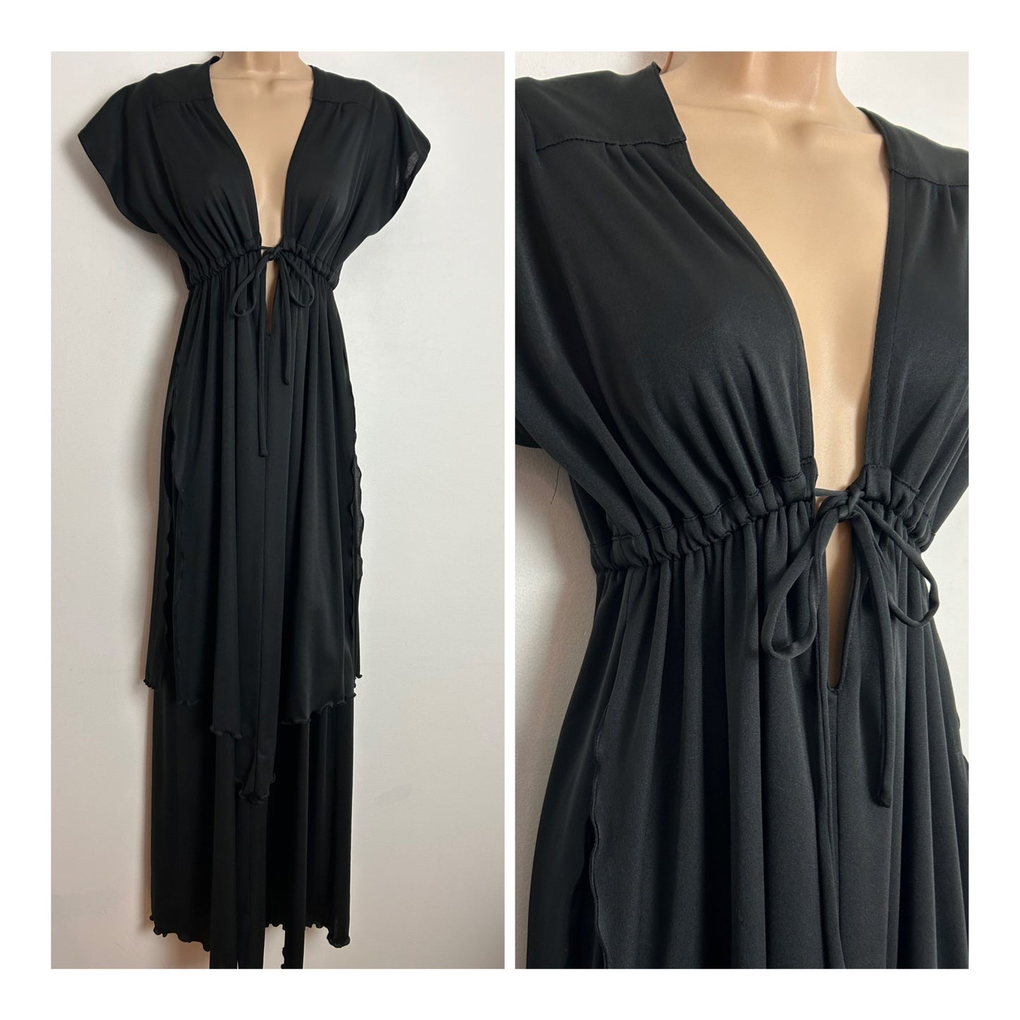 Vintage 1970s UK Size 8-10 Black Plunge V-Neck Draw Tie Waist Layered Maxi Dress