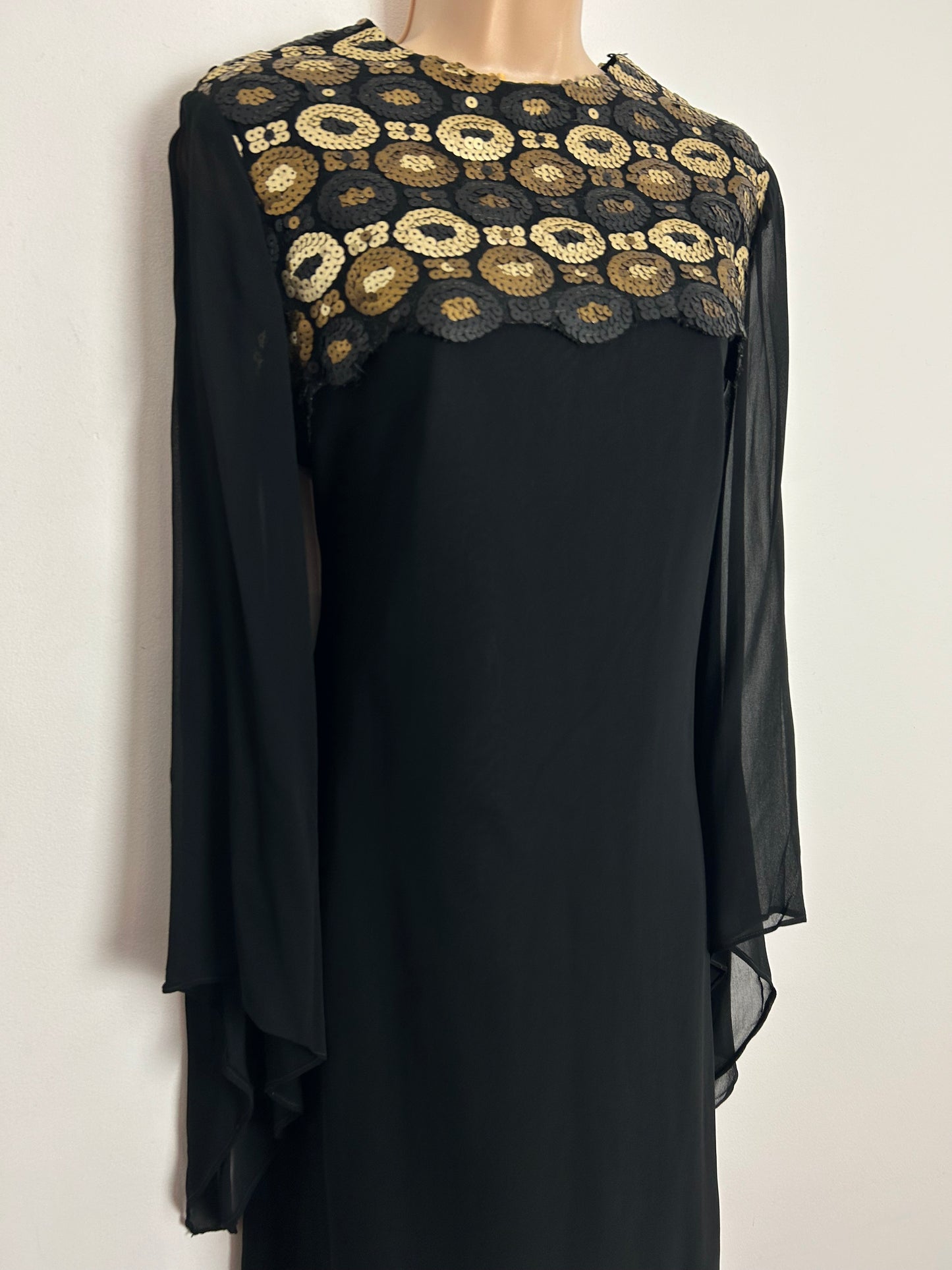 Vintage 1960s FRANK USHER UK Size 10 Black Chiffon Occasion Maxi Dress With Gold Bronze & Pewter Sequin Detailing