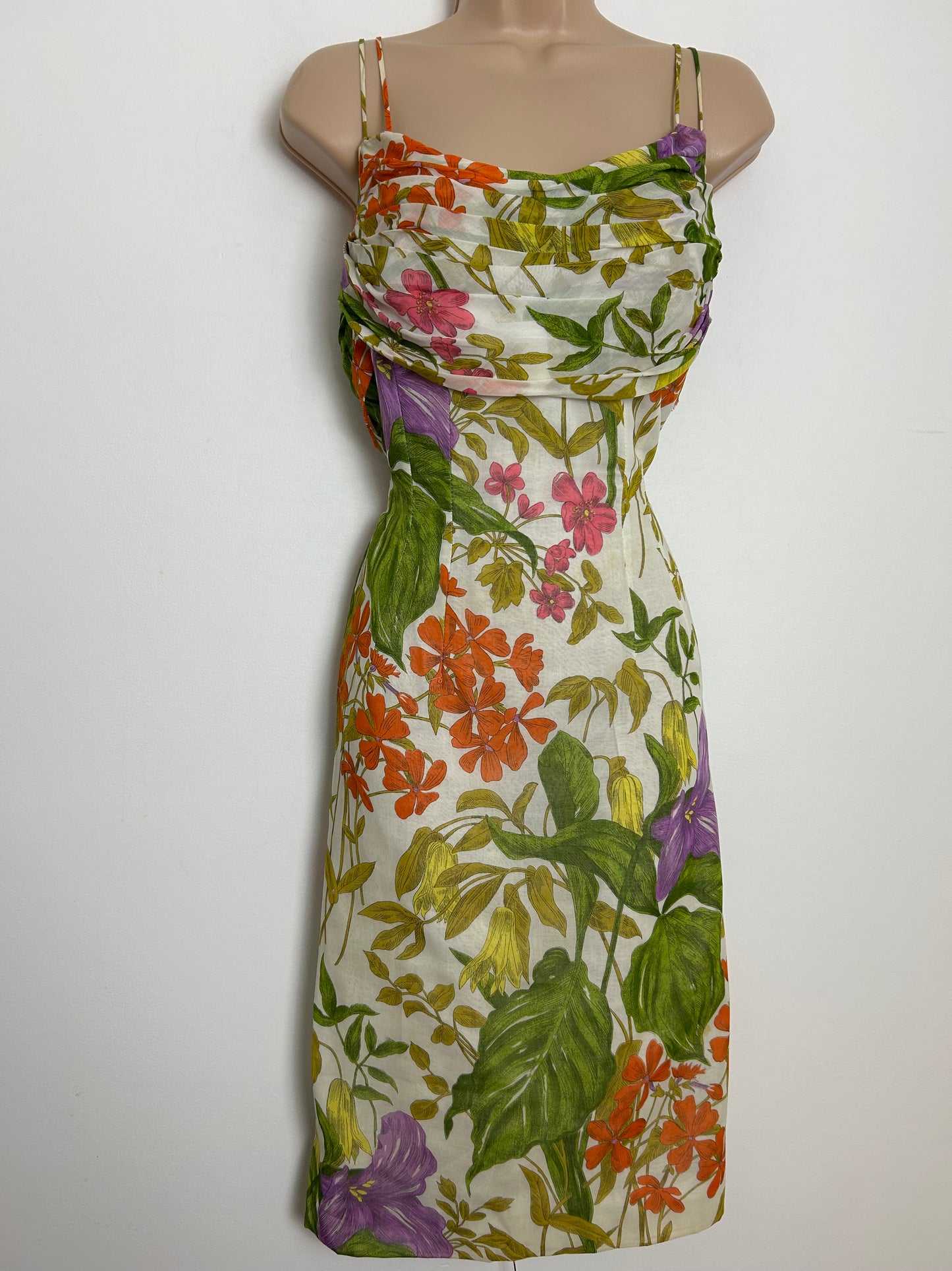 Vintage 1950s Size 8-10 White Orange Purple & Green Floral Print Cotton Fitted Wiggle Summer Occasion Dress