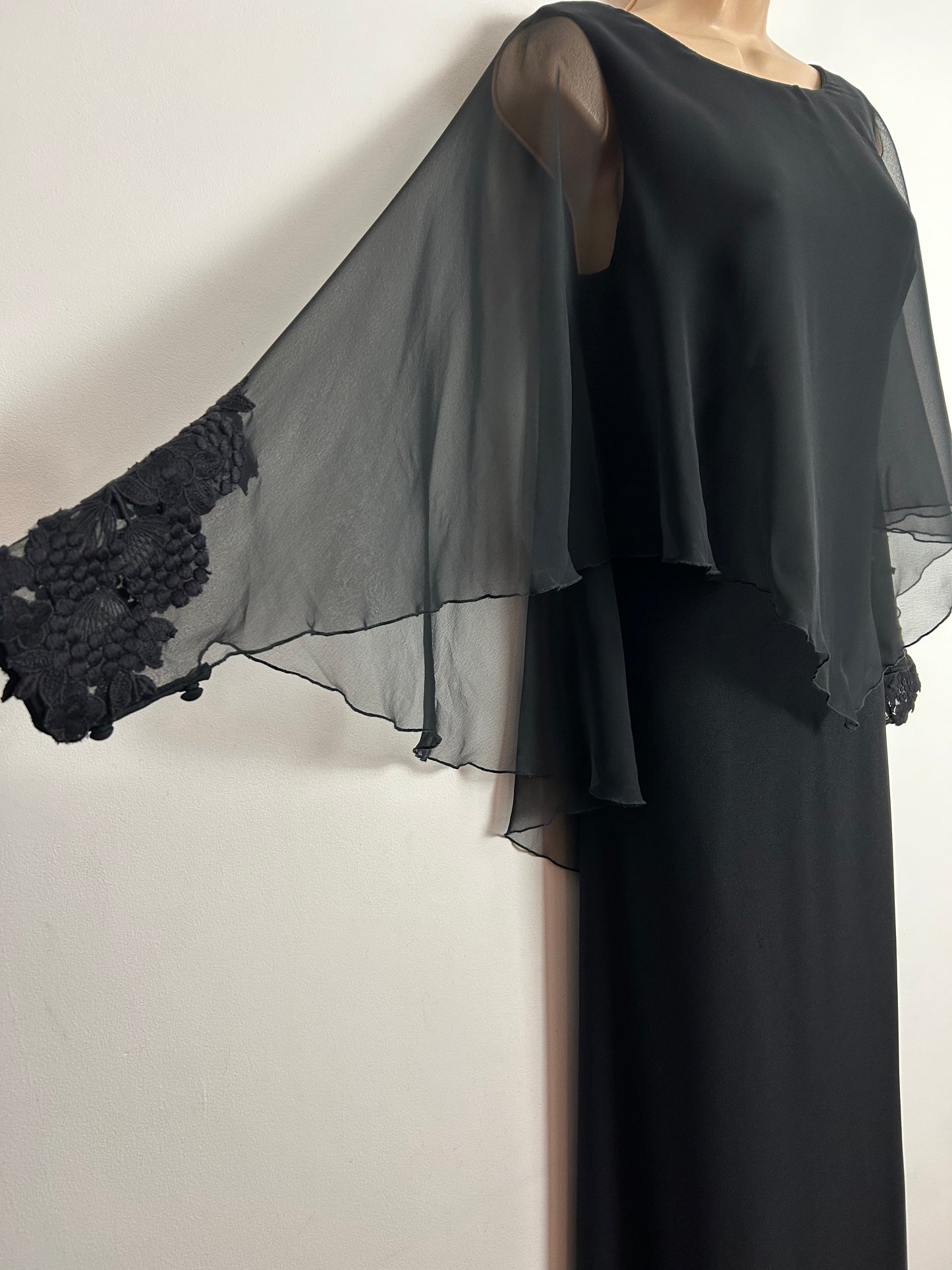 Vintage 1970s UK Size 12 Black Chiffon Cuffed Capelet Occasion Evening Maxi Dress