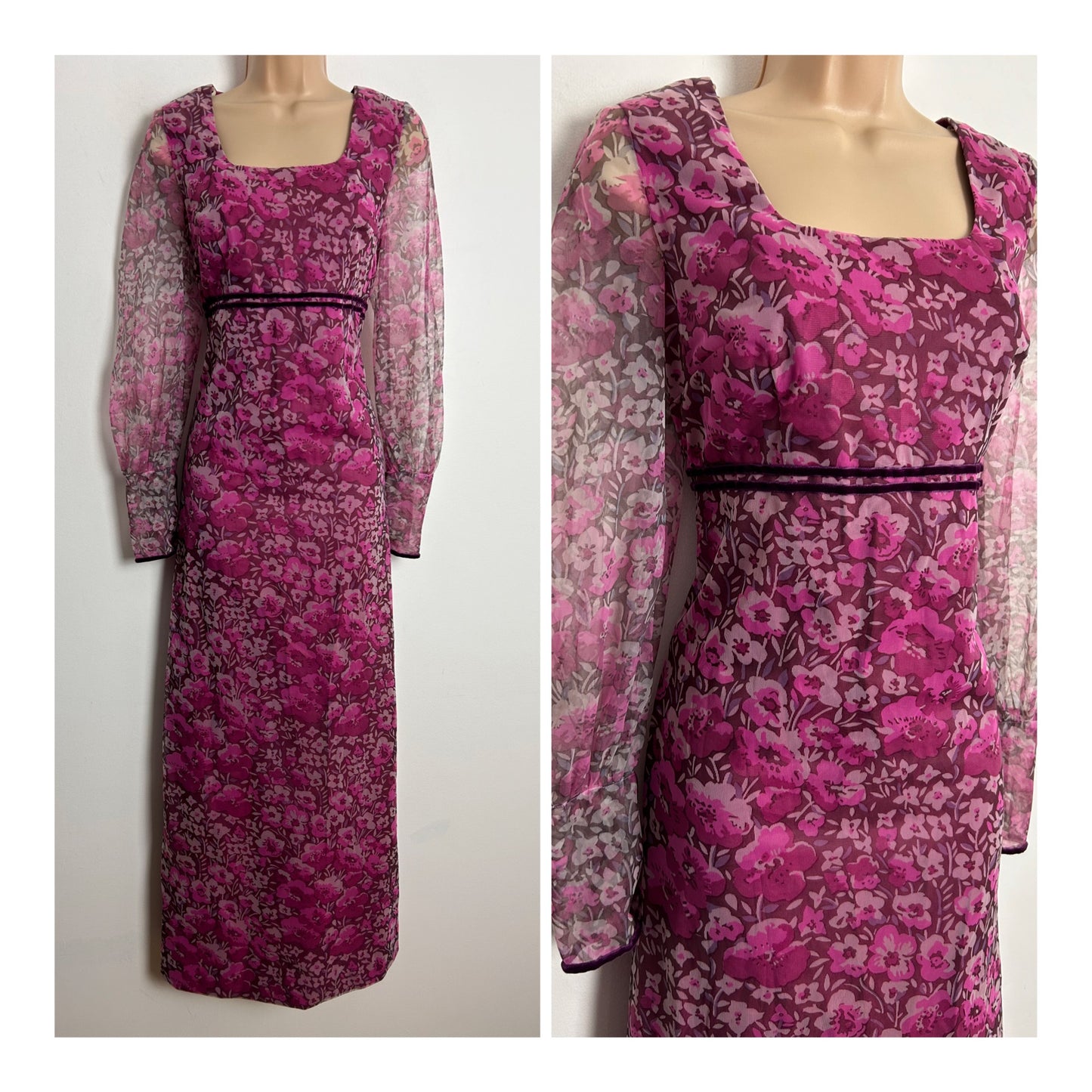 Vintage 1970s UK Size 8 Plum & Pink Tones Floral Print Long Sleeve Boho Maxi Dress