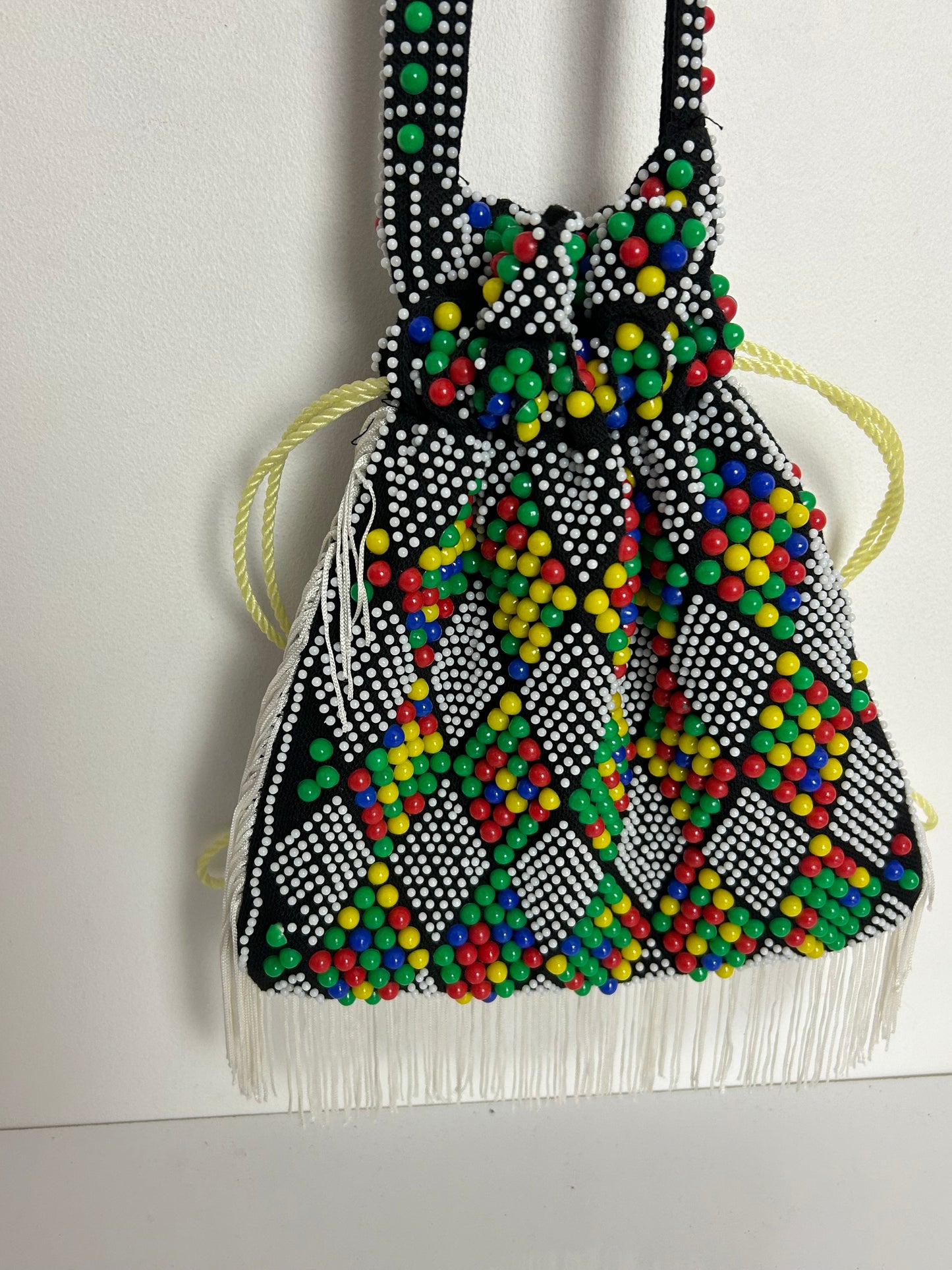 Vintage 1970s Black Fabric Multicolour Beaded Draw Tie Pouch Shoulder Bag