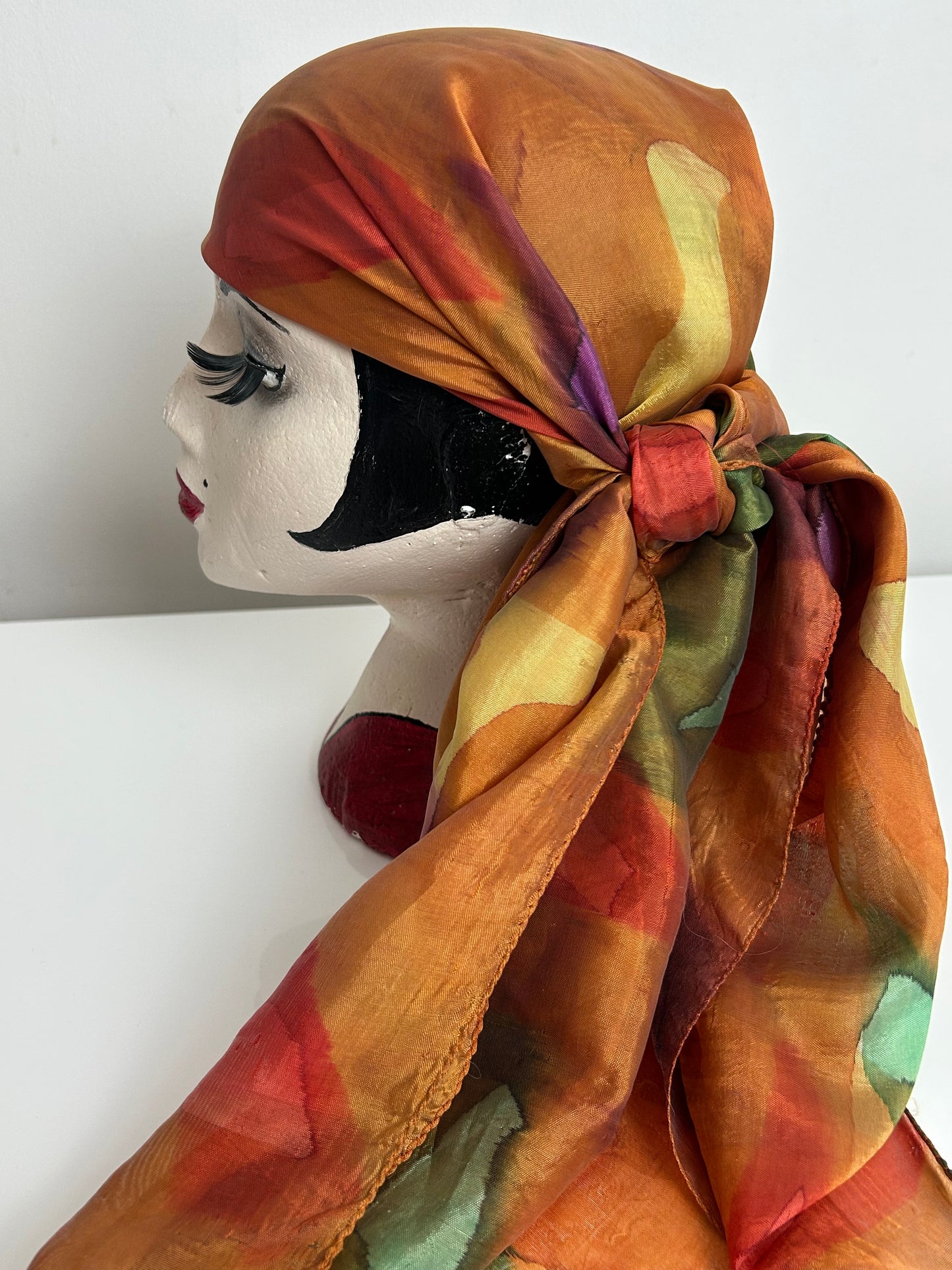 Vintage Orange Green Purple & Red Abstract Print Silky Chiffon Large Scarf 100cm x 92cm