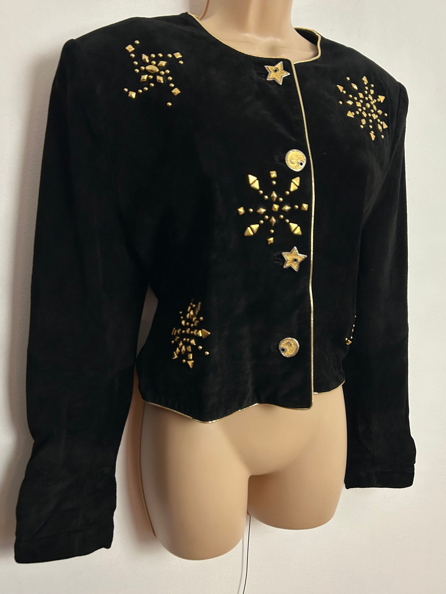 Vintage 1980s YESSICA @ C&A UK Size 12-14 Black Suede Gold Stud Detail Cropped Jacket