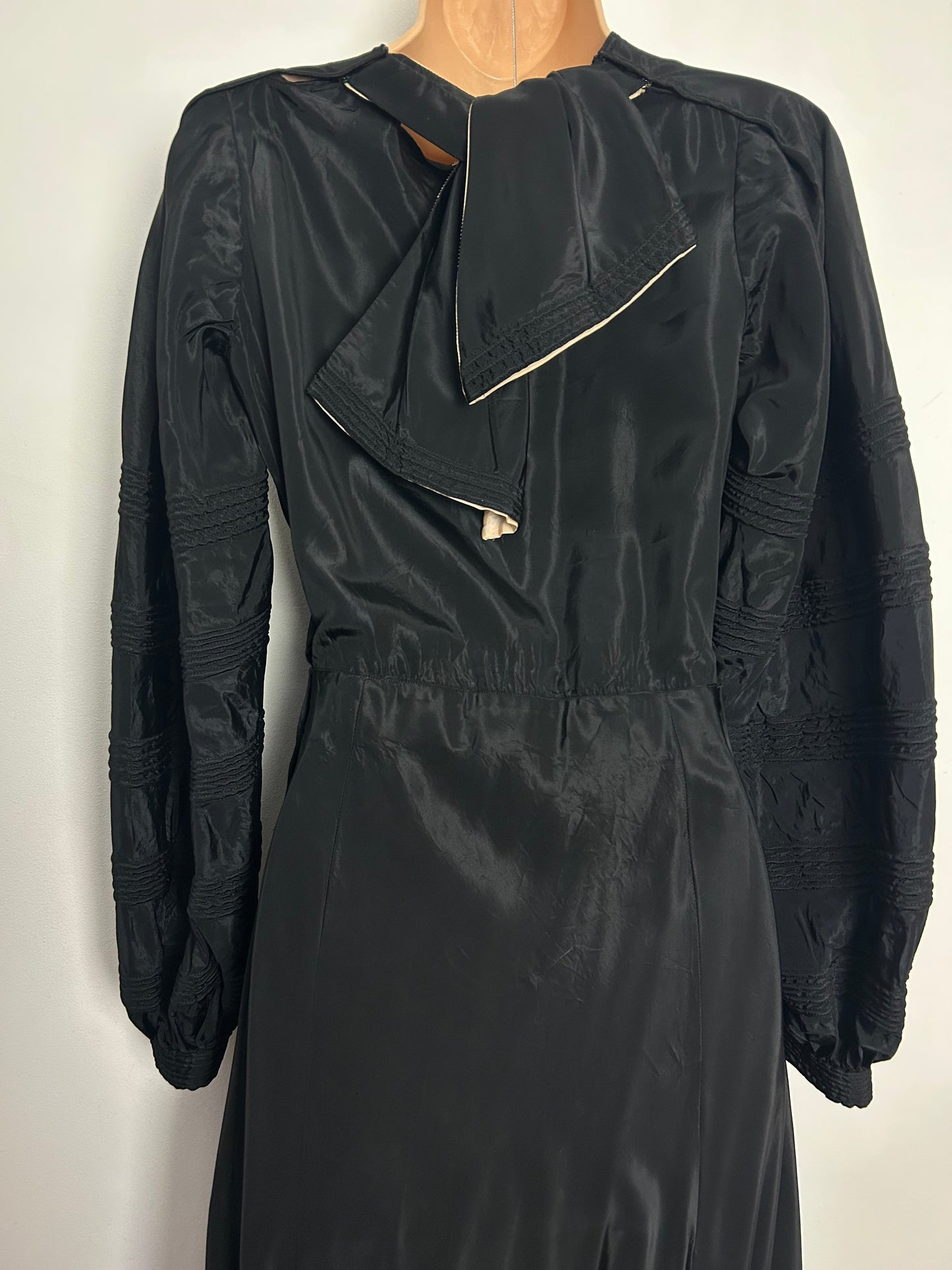 Vintage Collectable Antique 1930s Size 8 Homemade Black Satin Acetate Ruffle Collar Maxi Dress
