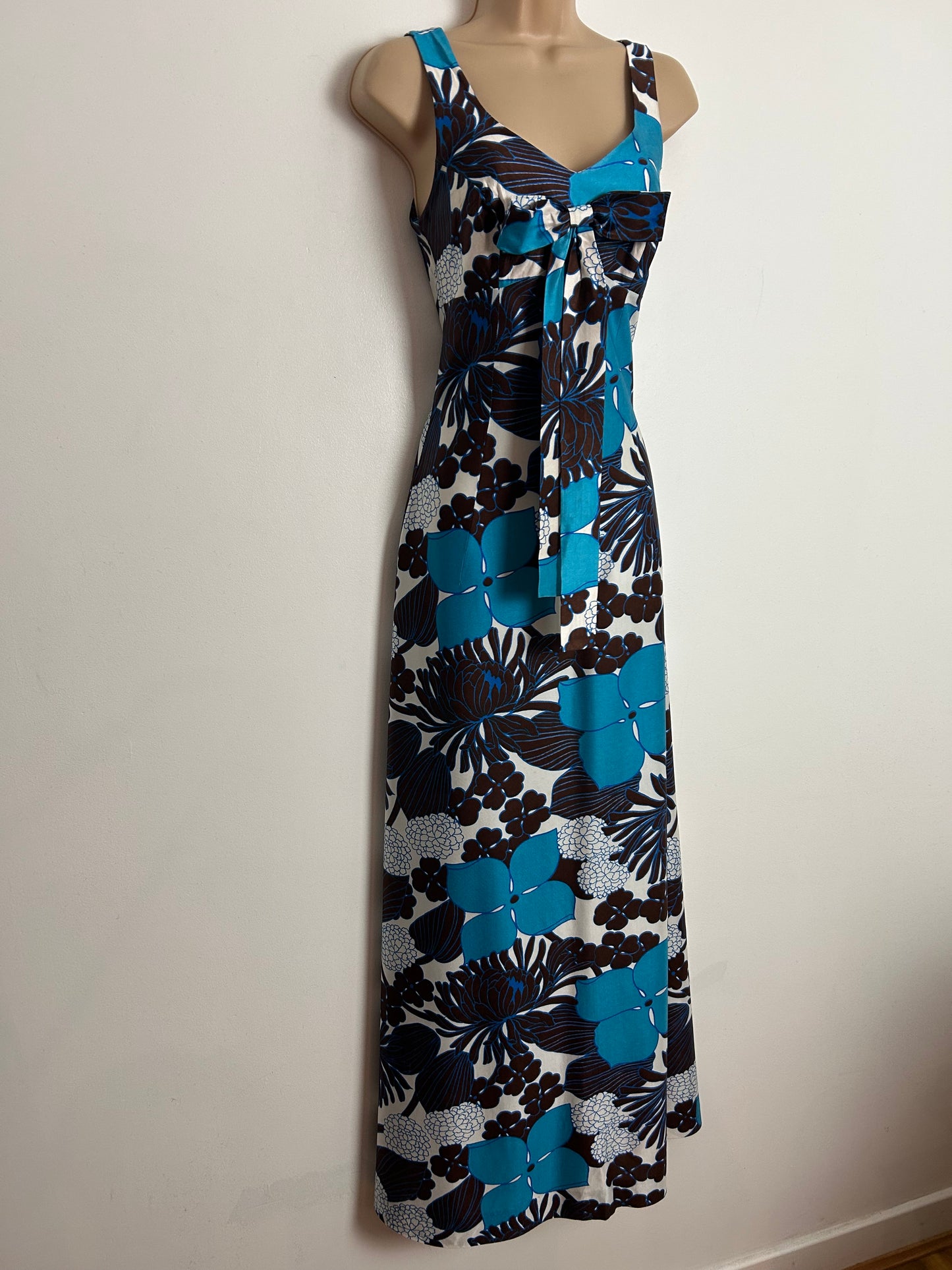 Vintage 1970s MISS JEANIE UK Size 6-8 Brown White & Dark Turquoise Floral Print Bow Detail Maxi Dress
