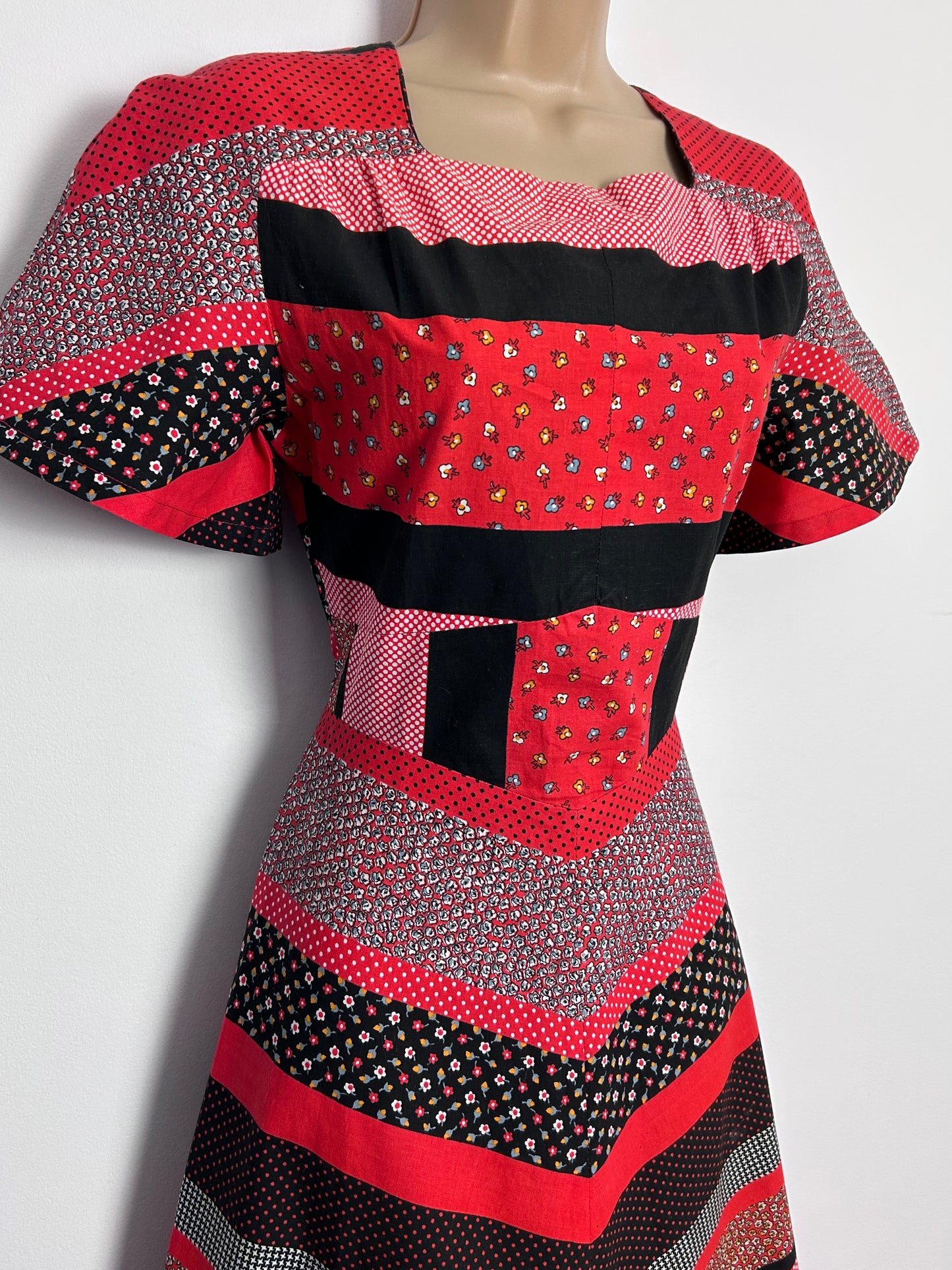 Vintage 1970s UK Size 4-6 Cute Red Black & White Patchwork Floral Polka Dot Stripe Print Cotton Boho Maxi Dress