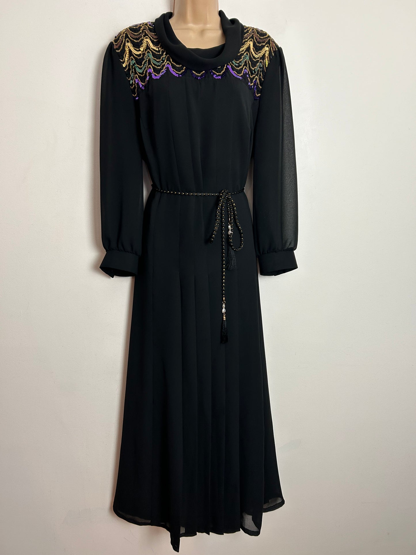 Vintage 1970s ESCO SPECIAL UK Size 16 Black Chiffon Gold & Purple Sequin & Braid Trim Belted Occasion Evening Maxi Dress