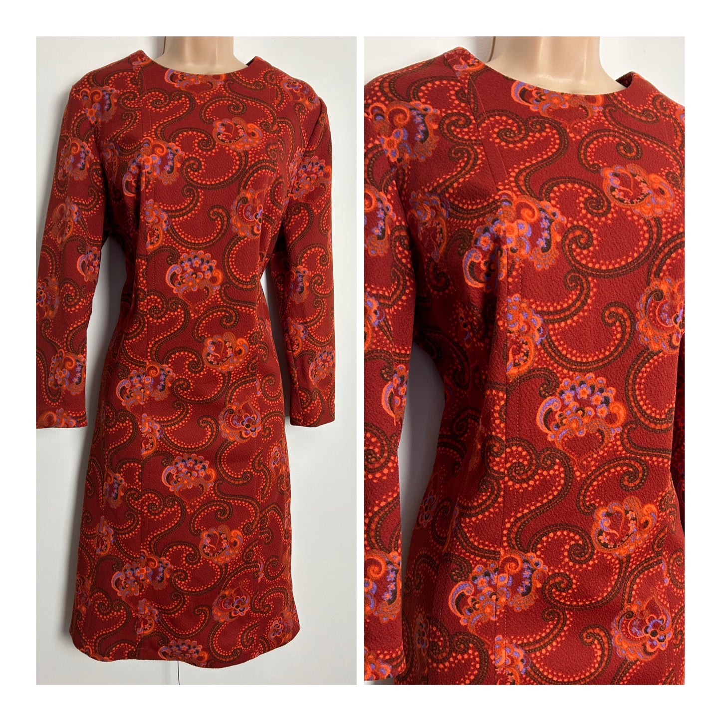 Vintage 1960s UK Size 16 Dark Orange Tones Nouveau Floral Print Long Sleeve Mod Shift Dress