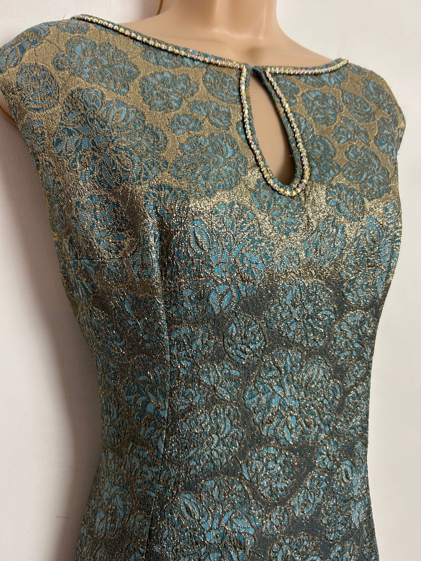 Vintage 1960s UK Size 14 Gold & Blue Lurex Brocade Diamante Embellished Party Mod Shift Dress