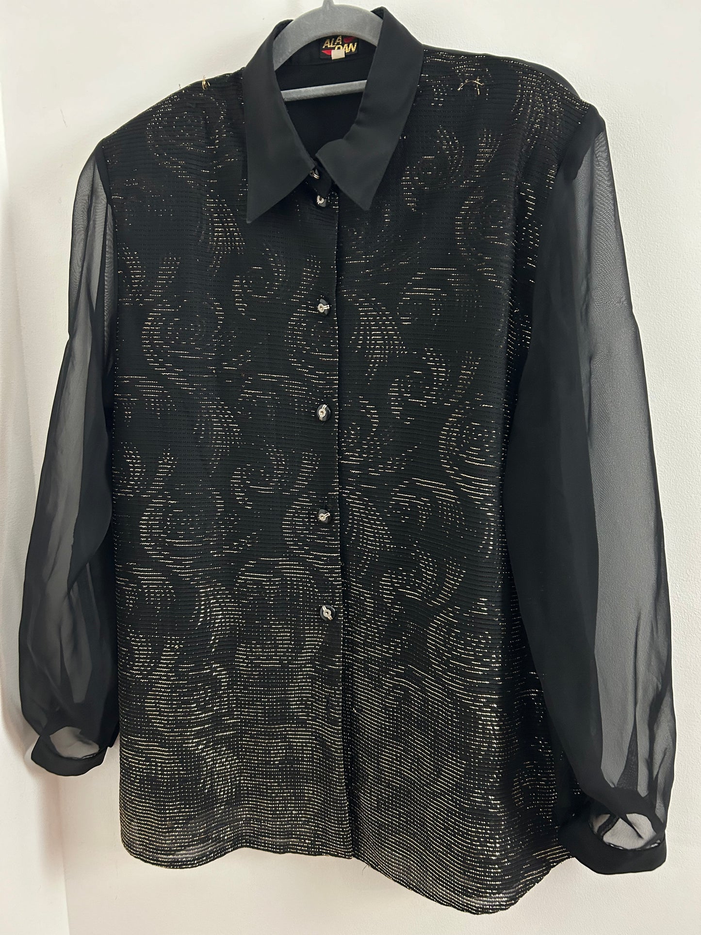 Vintage 1980s ALADAN UK Size 14 Back & Gold Metallic Swirly Stripe Pattern Long Sleeve Shirt
