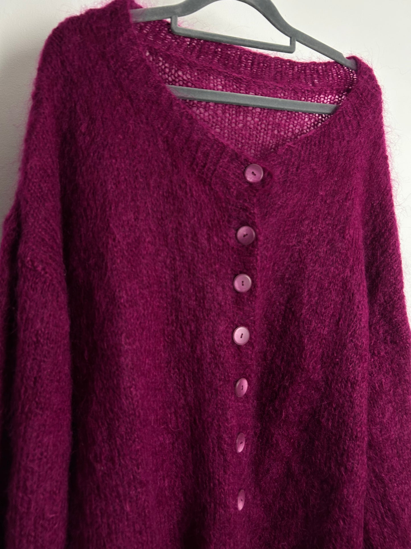 Vintage 1980s One Size Up To 16 Slouchy Overized Magenta Mohair Mix Long Line Cardigan