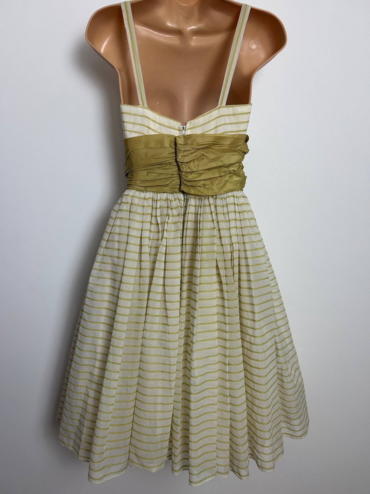 Vintage 1950s Size 4-6 White & Olive Green Stripe Print Ruched Waist Panel Party Prom Dress