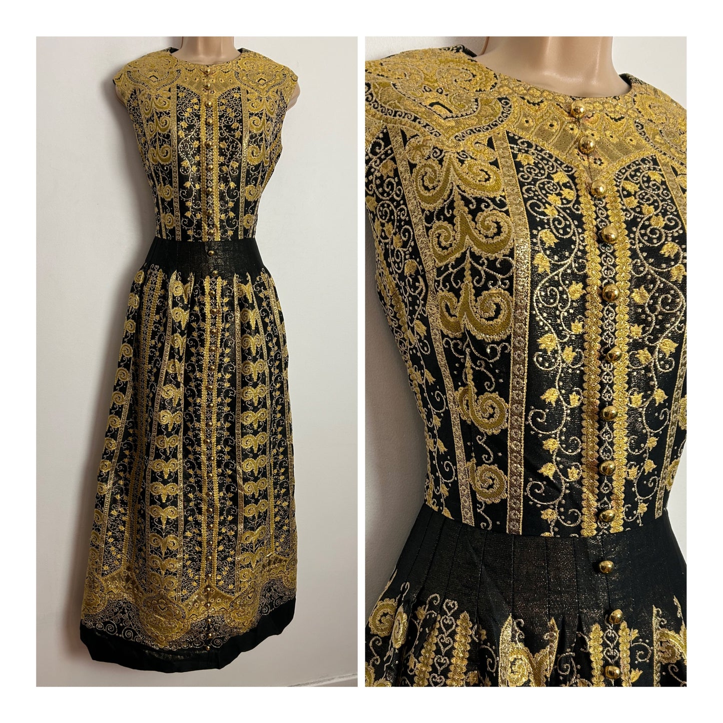 Vintage 1970s DWEIGLER MODELL UK Size 10 Stunning Black & Metallic Gold Brocade Christmas Evening Maxi Dress