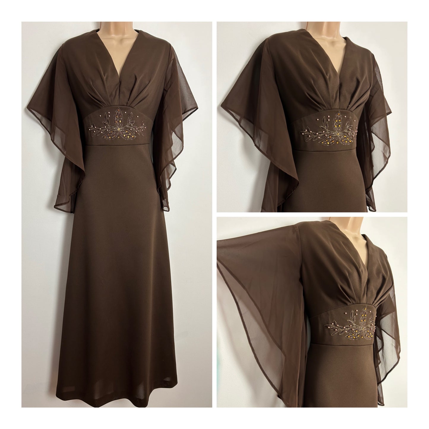 Vintage 1970s UK Size 12 Chocolate Brown Chiffon Flared Sleeve Stitch Bead & Diamante Embellished Occasion Maxi Dress