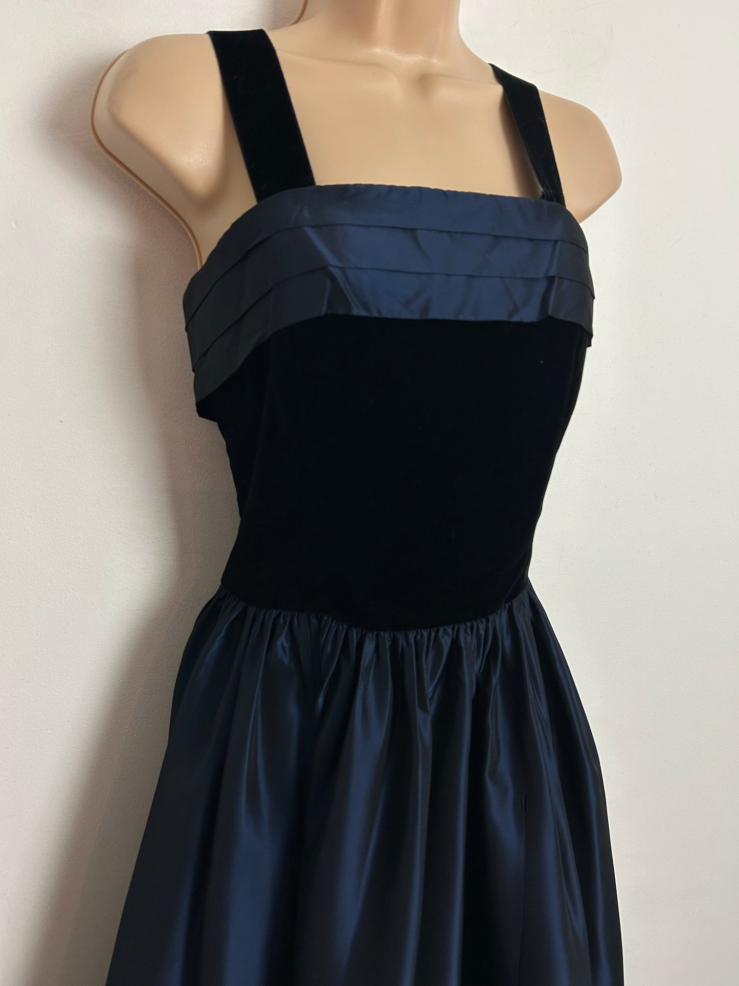 Vintage 1980s LAURA ASHLEY UK Size 10-12 ( Size 16 On Label) Midnight Blue & Black Party Dress