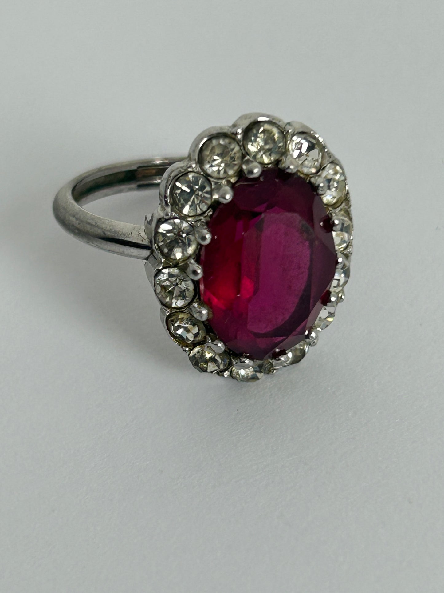Vintage Silver Tone Red Glass & Diamante Stone Set Cocktail Ring Size T
