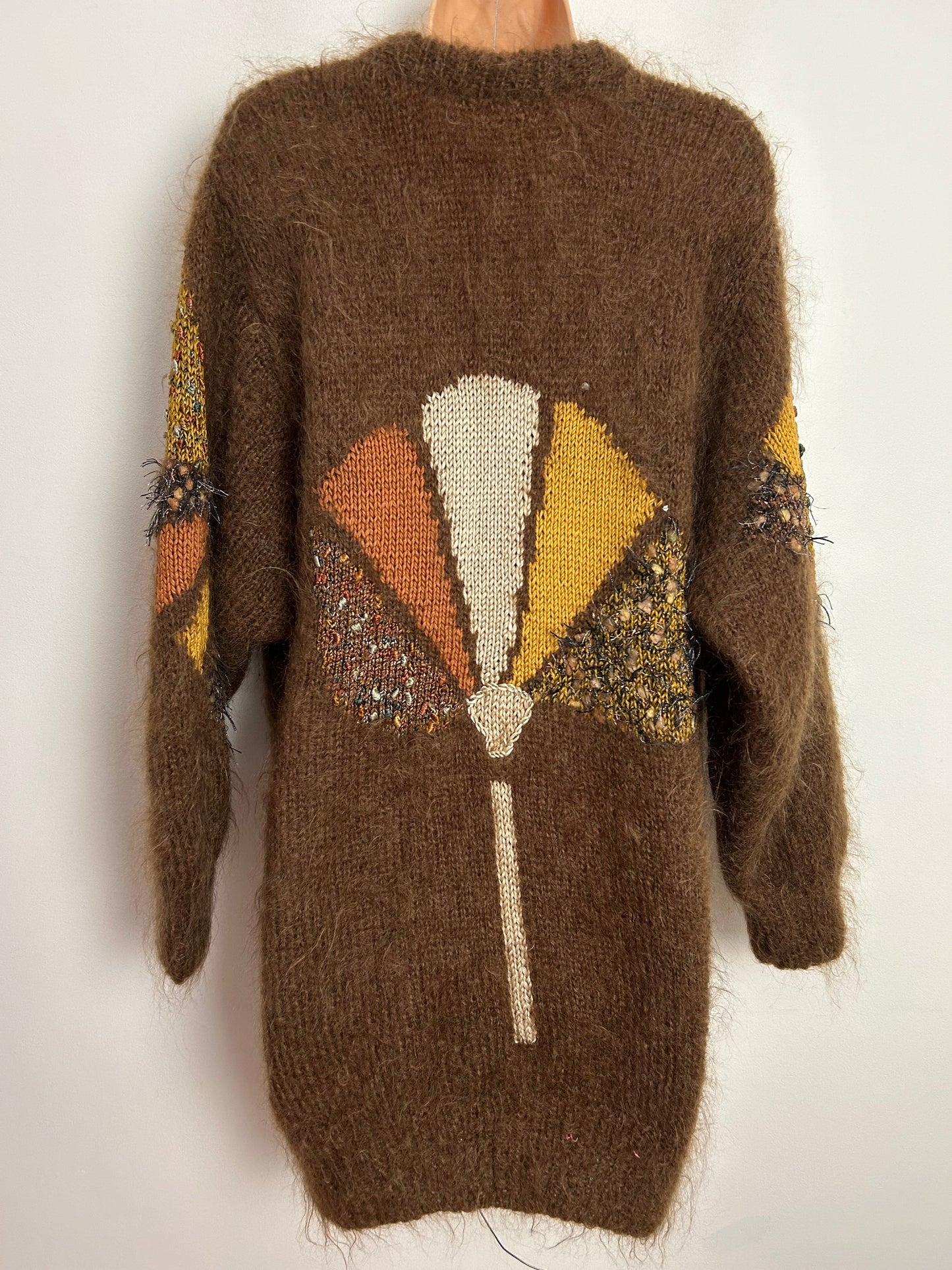 Vintage 1980s One Size Slouchy Fit Brown Tones Fan Pattern Long Sleeve Mohair Mix Cardigan
