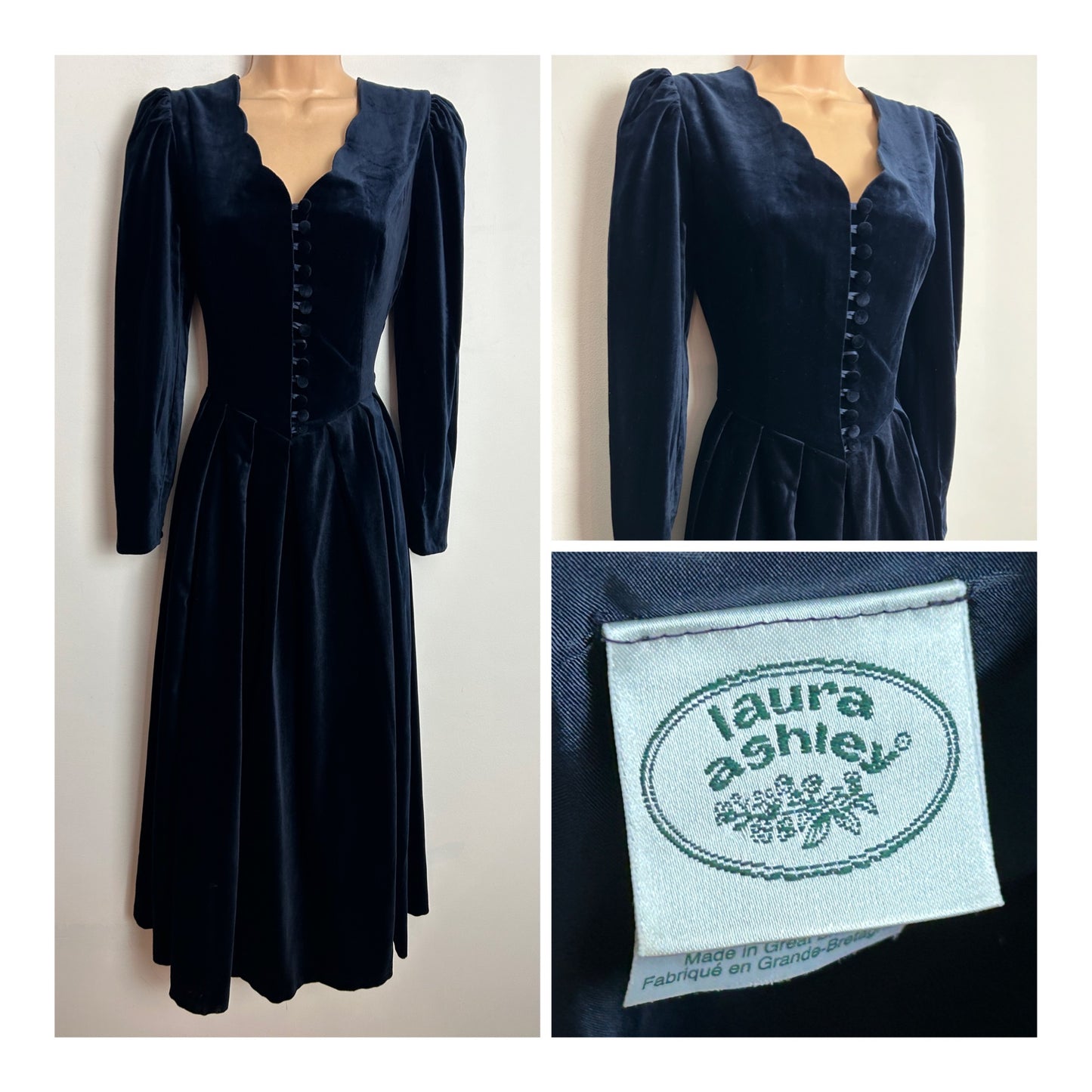 Vintage 1980s LAURA ASHLEY UK Size 8-10 (Size 12 On Label) Dark Blue Velvet Scallop Neck Long Sleeve Dress