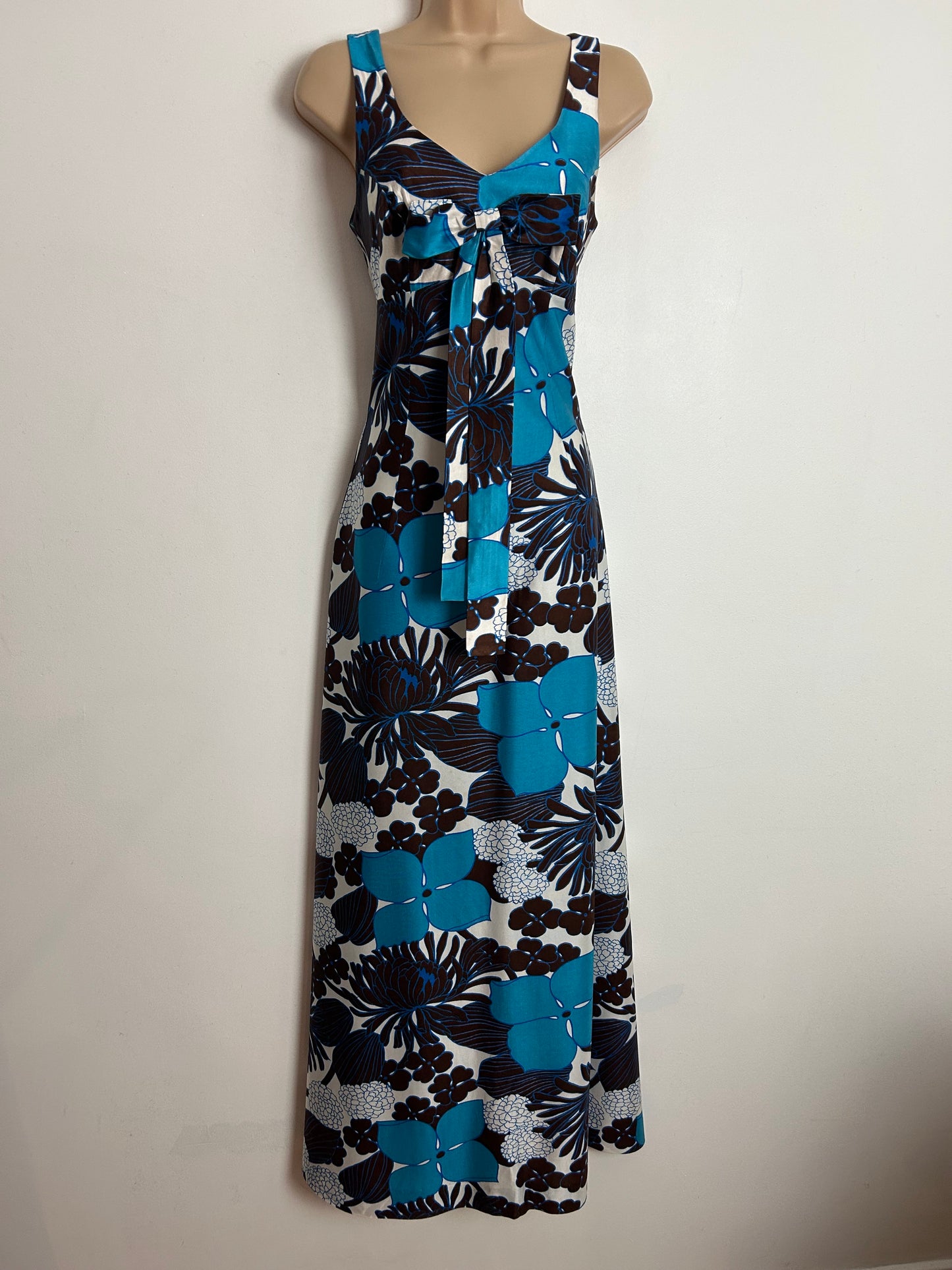 Vintage 1970s MISS JEANIE UK Size 6-8 Brown White & Dark Turquoise Floral Print Bow Detail Maxi Dress