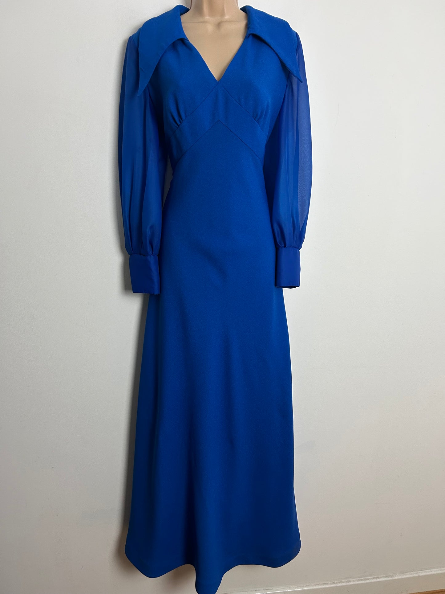 Vintage 1970s UK Size 14 Royal Blue Dagger Collar Long Chiffon Sleeve Occasion Evening Maxi Dress