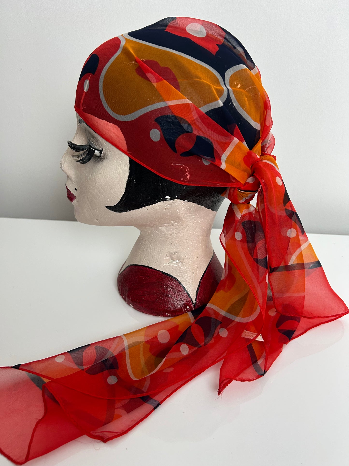 Vintage Red Orange & Navy Psychedelic Floral Print Chiffon Crepe Long Scarf