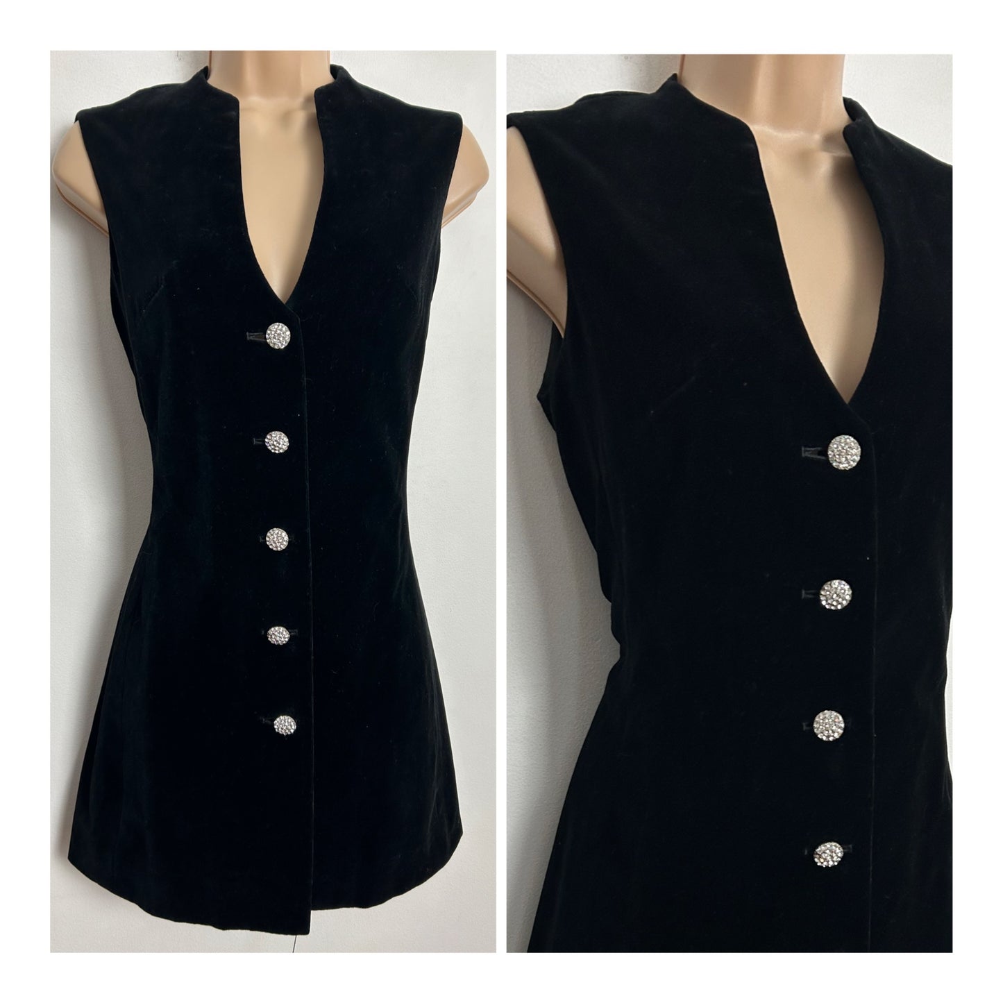 Vintage 1960s UK Size 8-10 Black Velvet Sleeveless Diamante Button Mini Mod Shift Dress