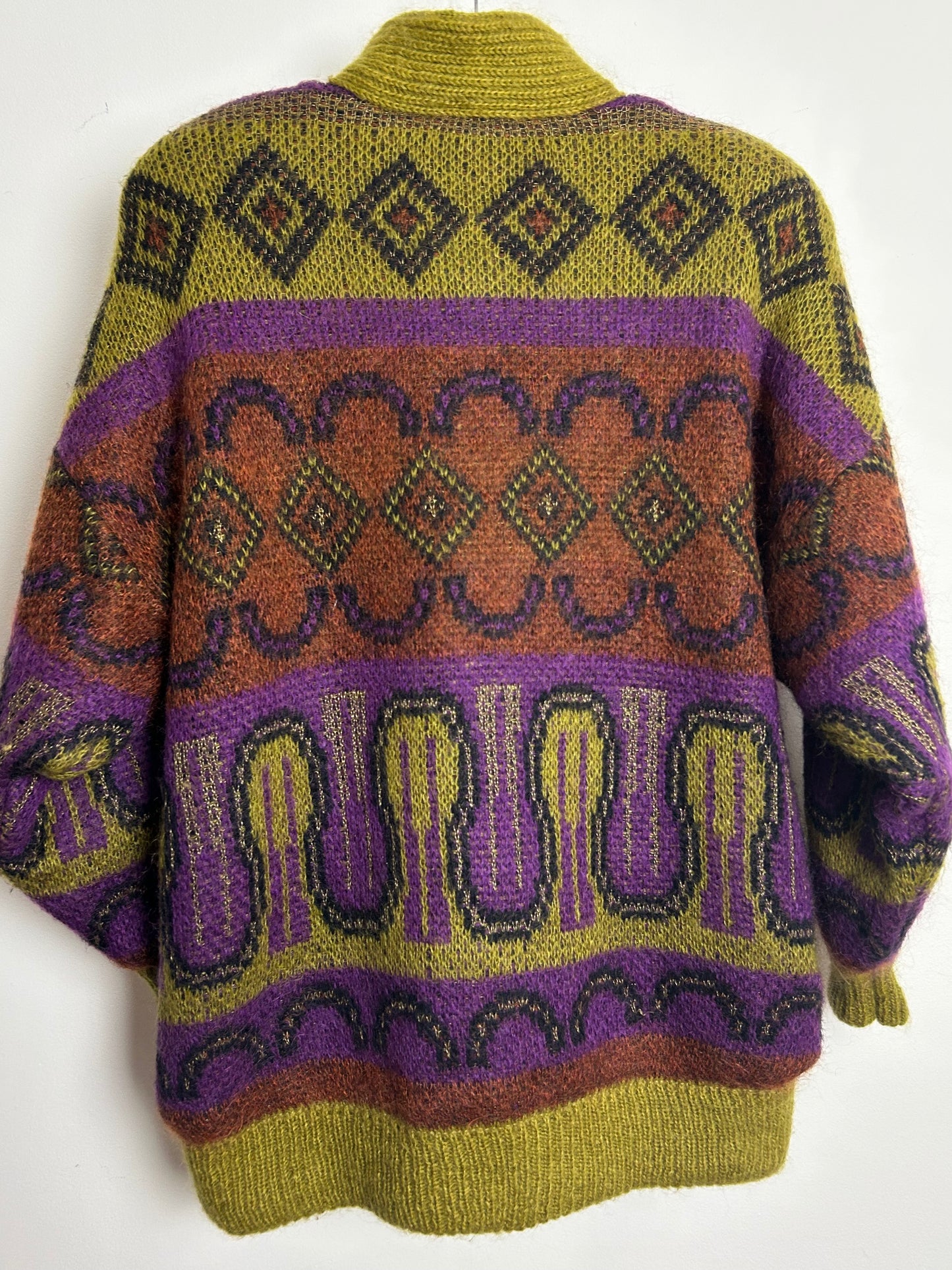 Vintage 1980s SIGNE INCOGNITO Up To Size 16 Oversized Wool & Mohair Mix Olive Green Purple & Rust Abstract Coatigan Cardigan