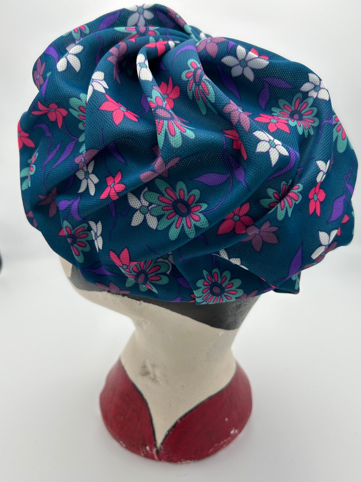 Vintage 1960s Petrol Blue Pink & Purple Floral Print Pleated Turban Style Pill Box Hat
