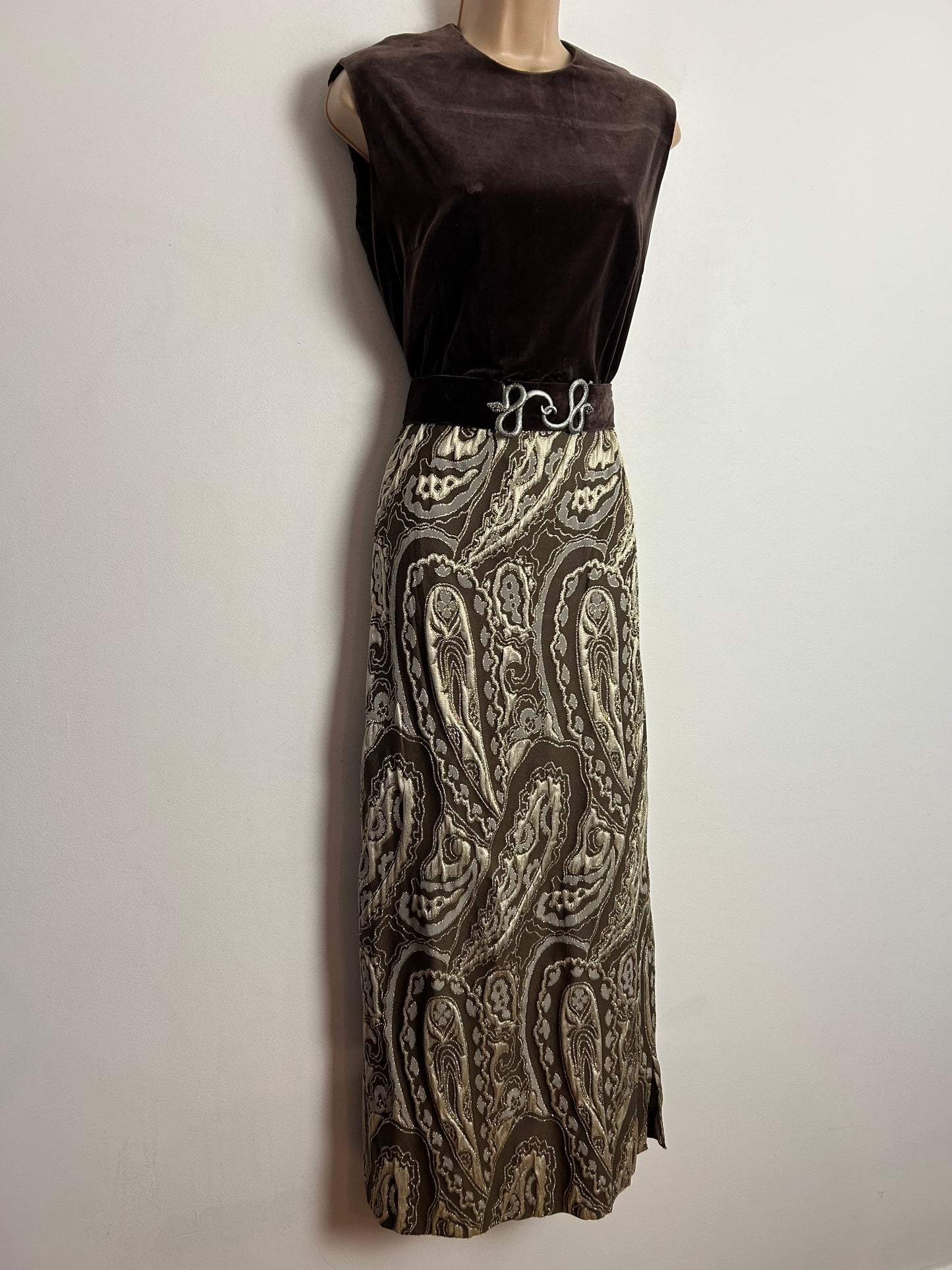 Vintage 1970s UK Size 10-12 Brown Gold & Silver Velvet & Brocade Belted Evening Maxi Dress