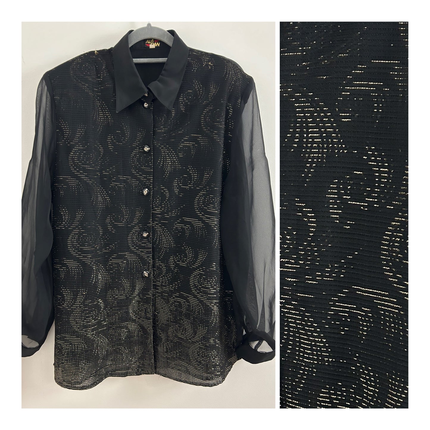 Vintage 1980s ALADAN UK Size 14 Back & Gold Metallic Swirly Stripe Pattern Long Sleeve Shirt