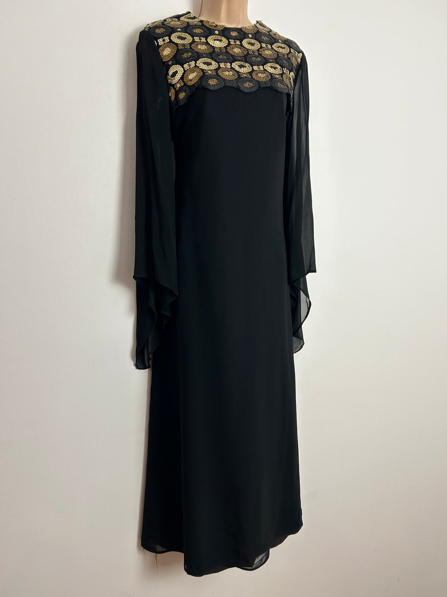 Vintage 1960s FRANK USHER UK Size 10 Black Chiffon Occasion Maxi Dress With Gold Bronze & Pewter Sequin Detailing