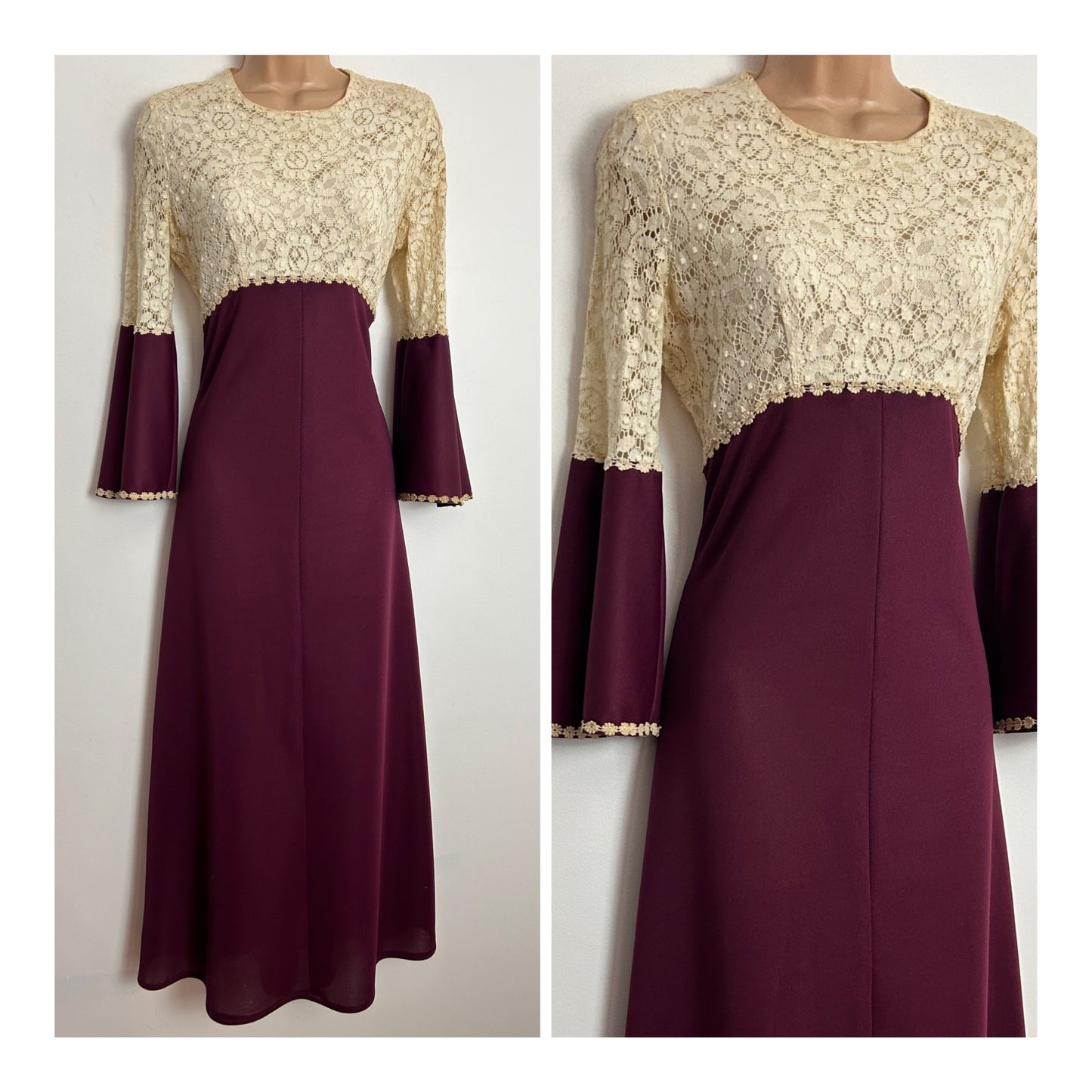 Vintage 1970s CHARMONT UK Size 10-12 Plum Purple & Cream Lace Flared Cuff Boho Maxi Dress