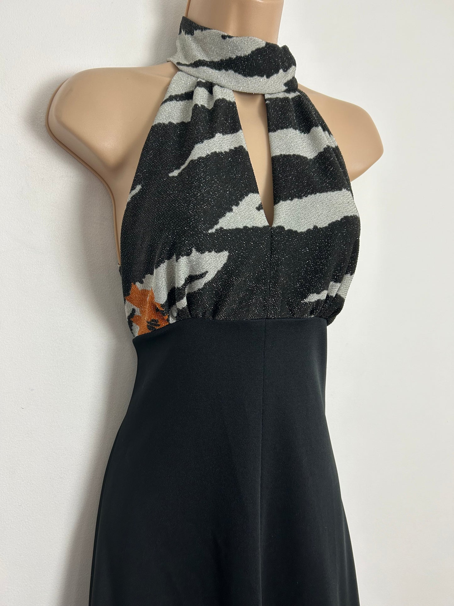Vintage 1970s MORTIMER UK Size 8-10 Black & Silver Zebra Stripe Lurex Bodice Halter Neck Cut Out Occasion Maxi Dress