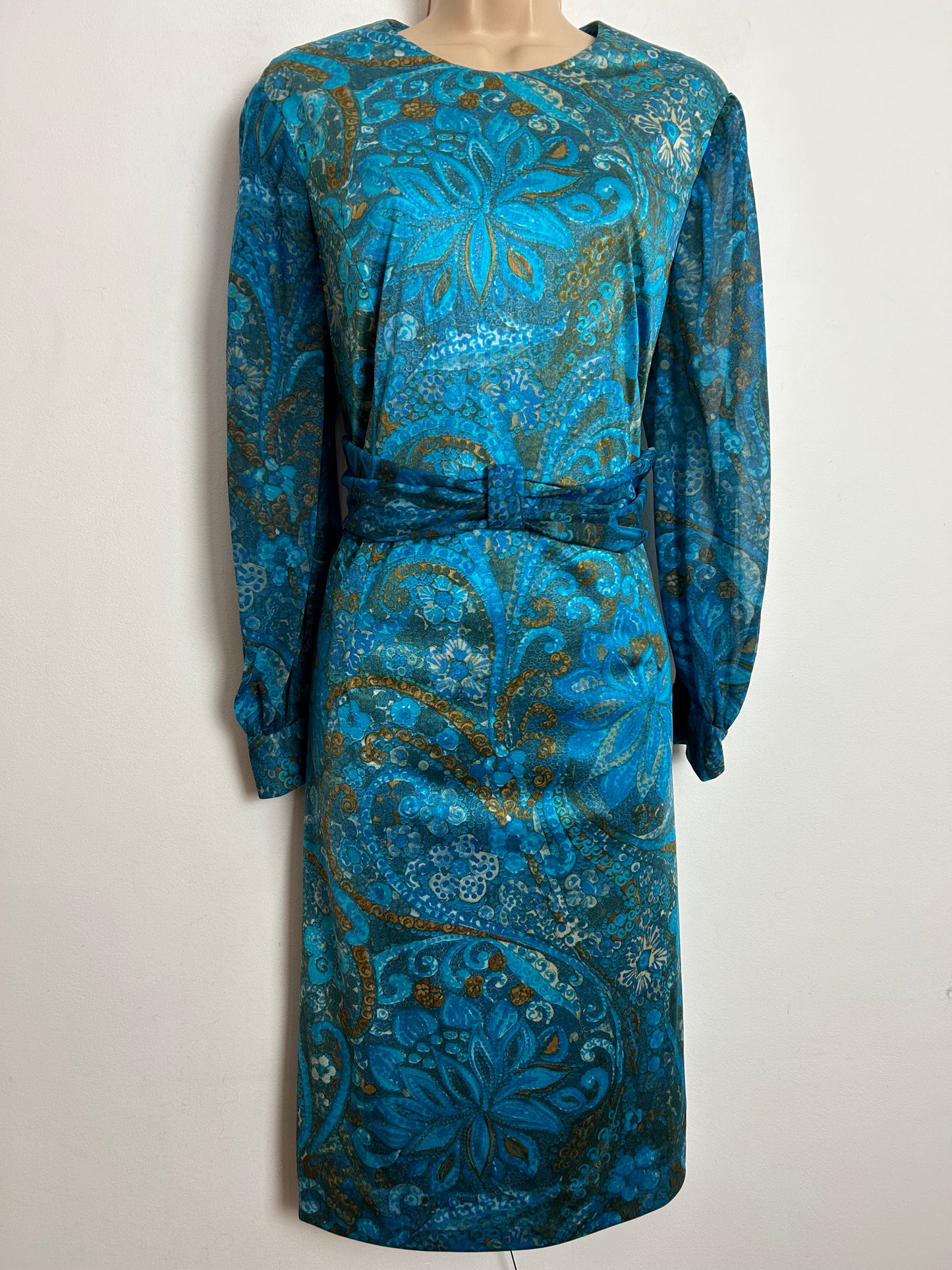 Vintage 1960s SCHWORM MODELL UK Size 14 Blue Tones Floral Print Long Sleeve Dress