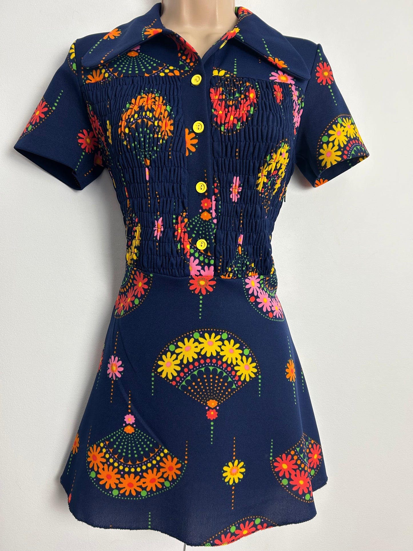 Vintage Early 1970s Size 8 Navy Blue Orange Pink Yellow & Pink Floral & Fan Print Beagle Collar Mini Dress