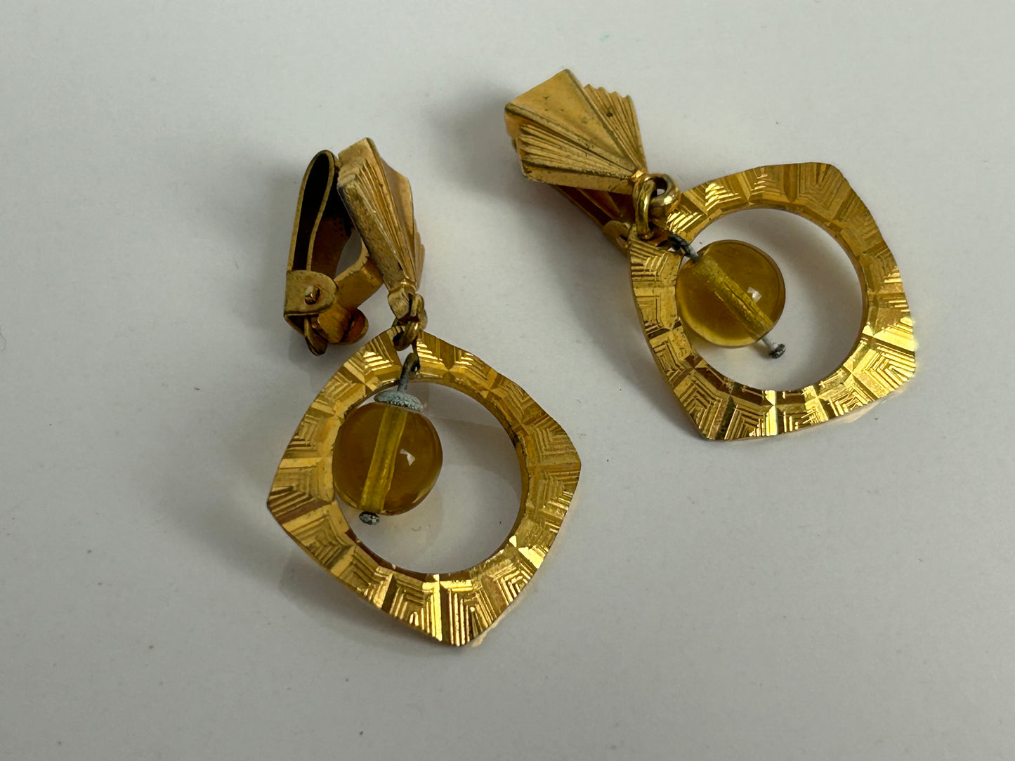 Vintage 1960s Gold Tone Etched Dangle Earrings With Amber Coloured Glass Bead Dropet