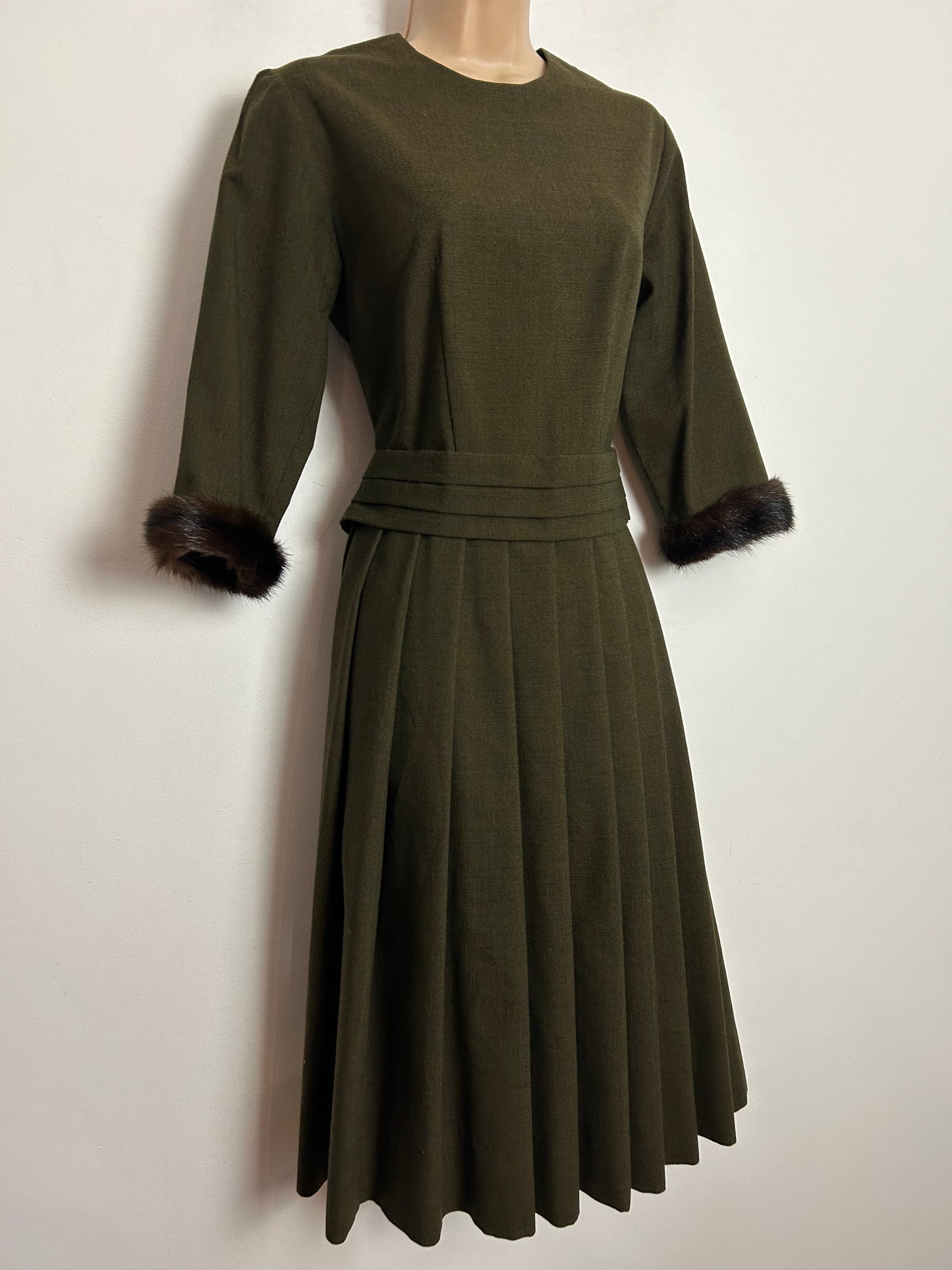 Vintage 1950s UK Size 8 Khaki Green Wool Mix Fur Cuff Pleated Dress