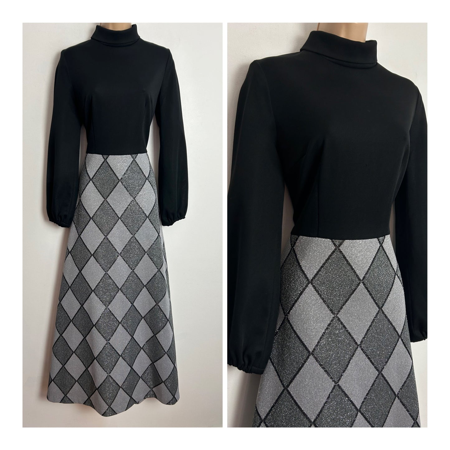 Vintage 1970s UK Size 12 Black & Silver Lurex Diamond Check Pattern Long Sleeve Occasion Maxi Dress