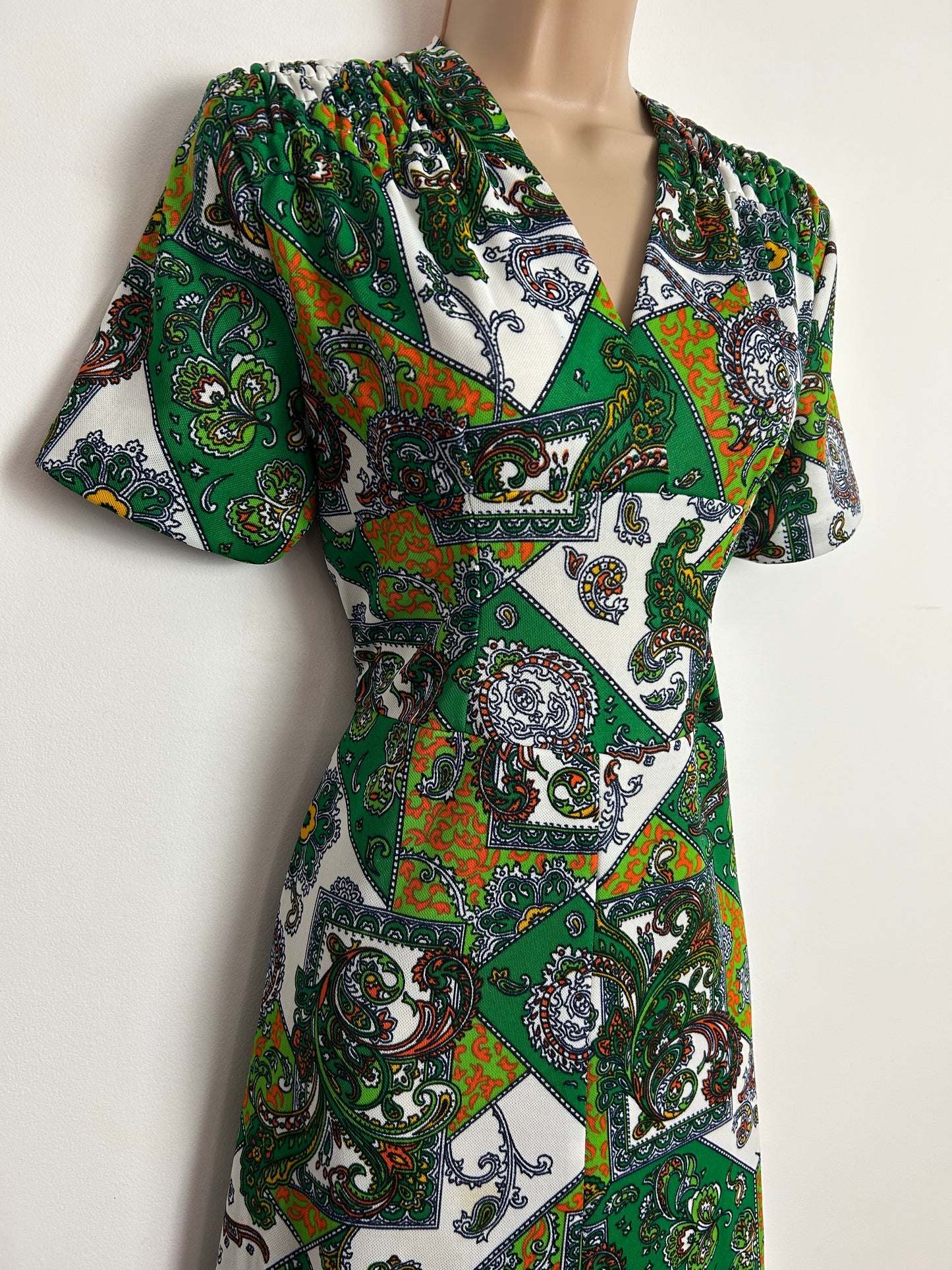 Vintage 1970s Size 10 Green White & Orange Nouveau Scarf Print Maxi Dress