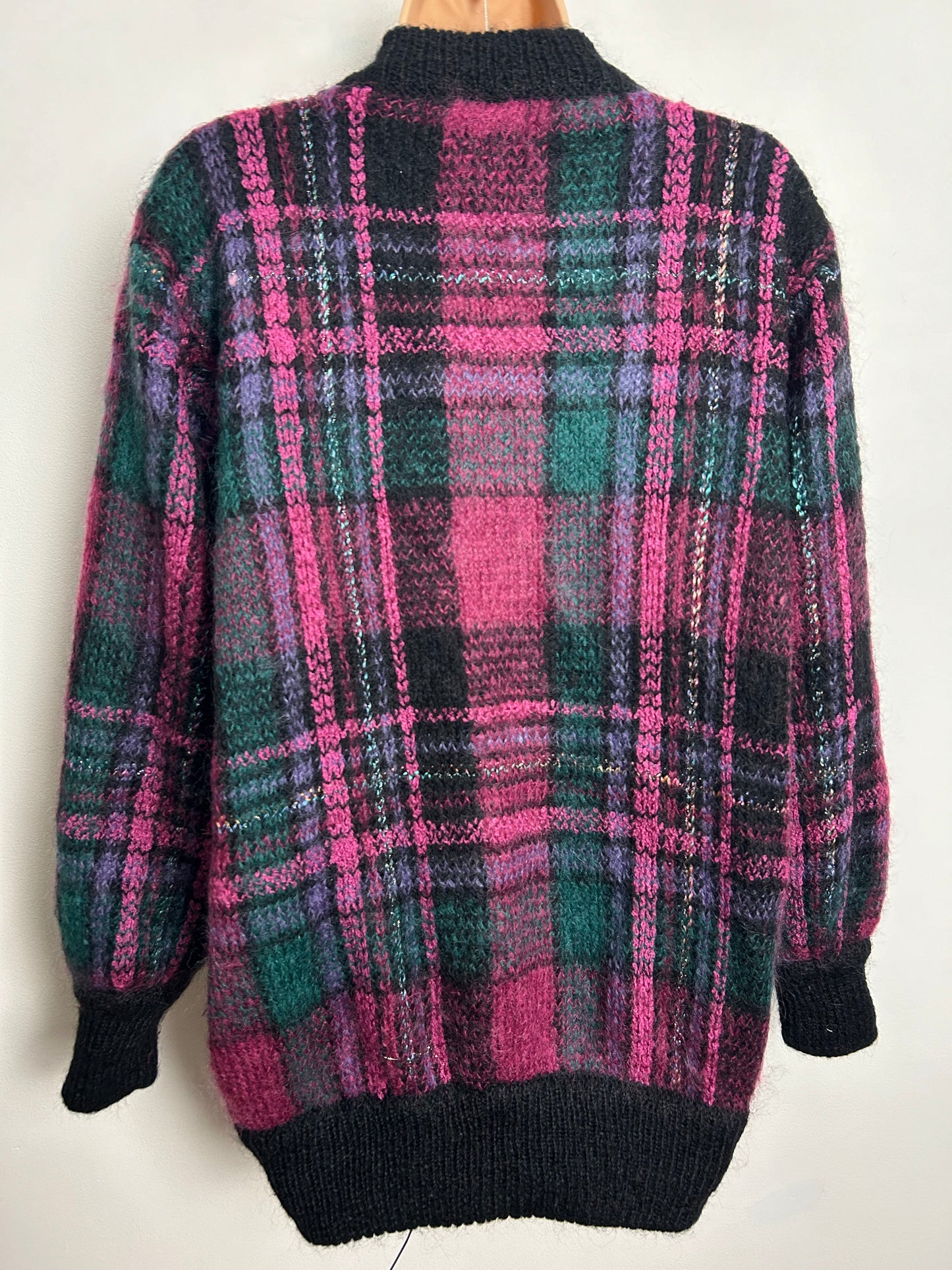 Vintage 1980s Up To Size 14 Black Green & Pink Check Mohair Mix Over Sized Cardigan
