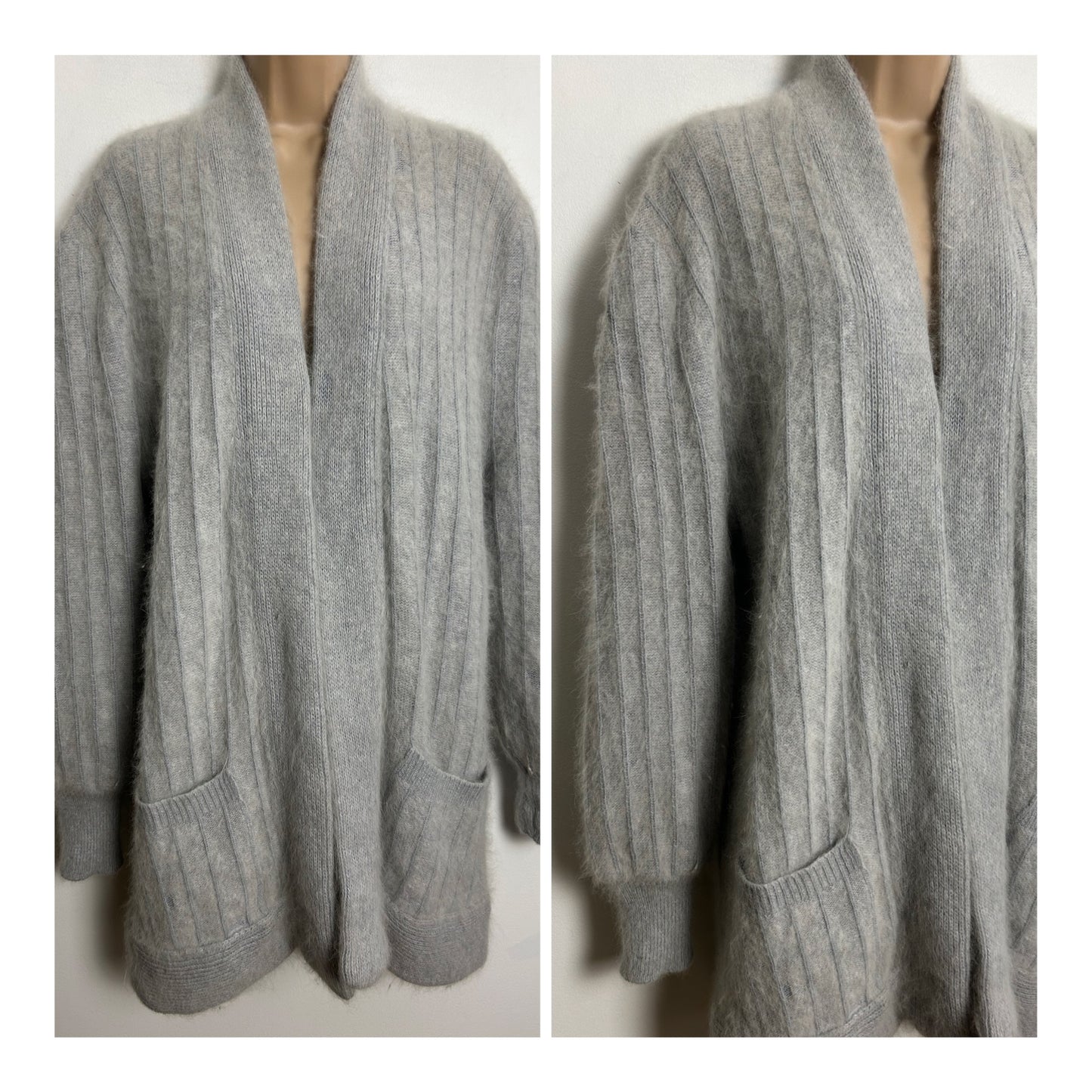 Vintage 1980s One Size Up To Size 16 Pale Grey Angora Mix Long Sleeve Open Fronted Cardigan