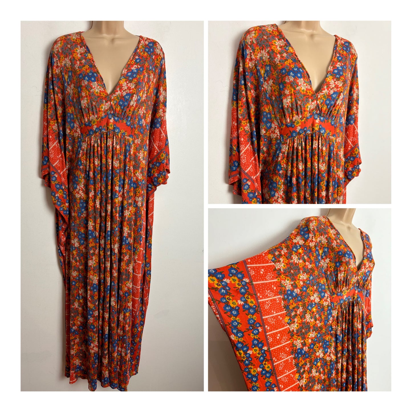 Vintage 1970s One Size Orangey Red Blue & Yellow Floral Print Wide Sleeve Kaftan Maxi Dress